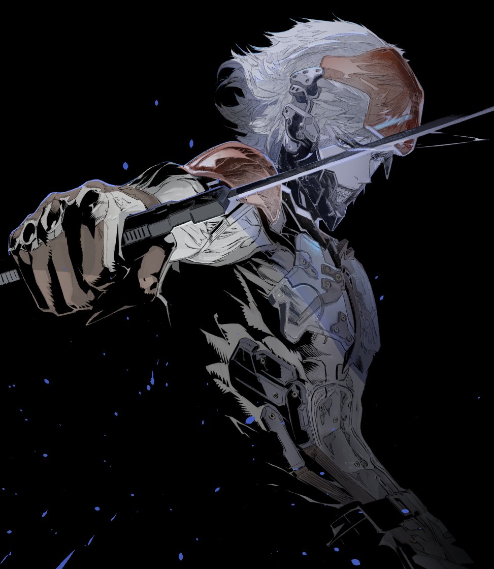 1boy bodysuit clenched_hand cofffee cyborg gloves holding holding_sword holding_weapon katana looking_at_viewer male_focus mechanical_parts metal_gear_(series) metal_gear_solid_4:_guns_of_the_patriots raiden_(metal_gear) science_fiction short_hair simple_background solo sword weapon white_hair