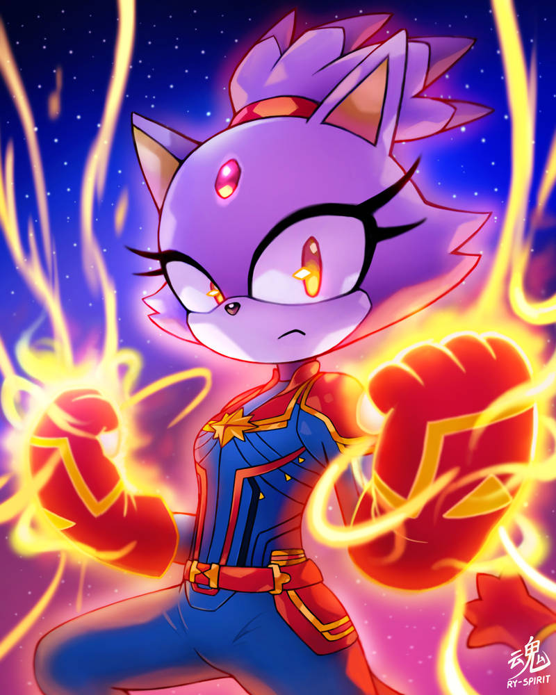 1girl artist_name belt blaze_the_cat blue_bodysuit bodysuit brown_eyes captain_marvel captain_marvel_(cosplay) clenched_hands cosplay crossover energy forehead_jewel furry furry_female gem gloves looking_at_viewer marvel night night_sky red_belt red_gemstone red_gloves ry-spirit sky solo sonic_(series) watermark