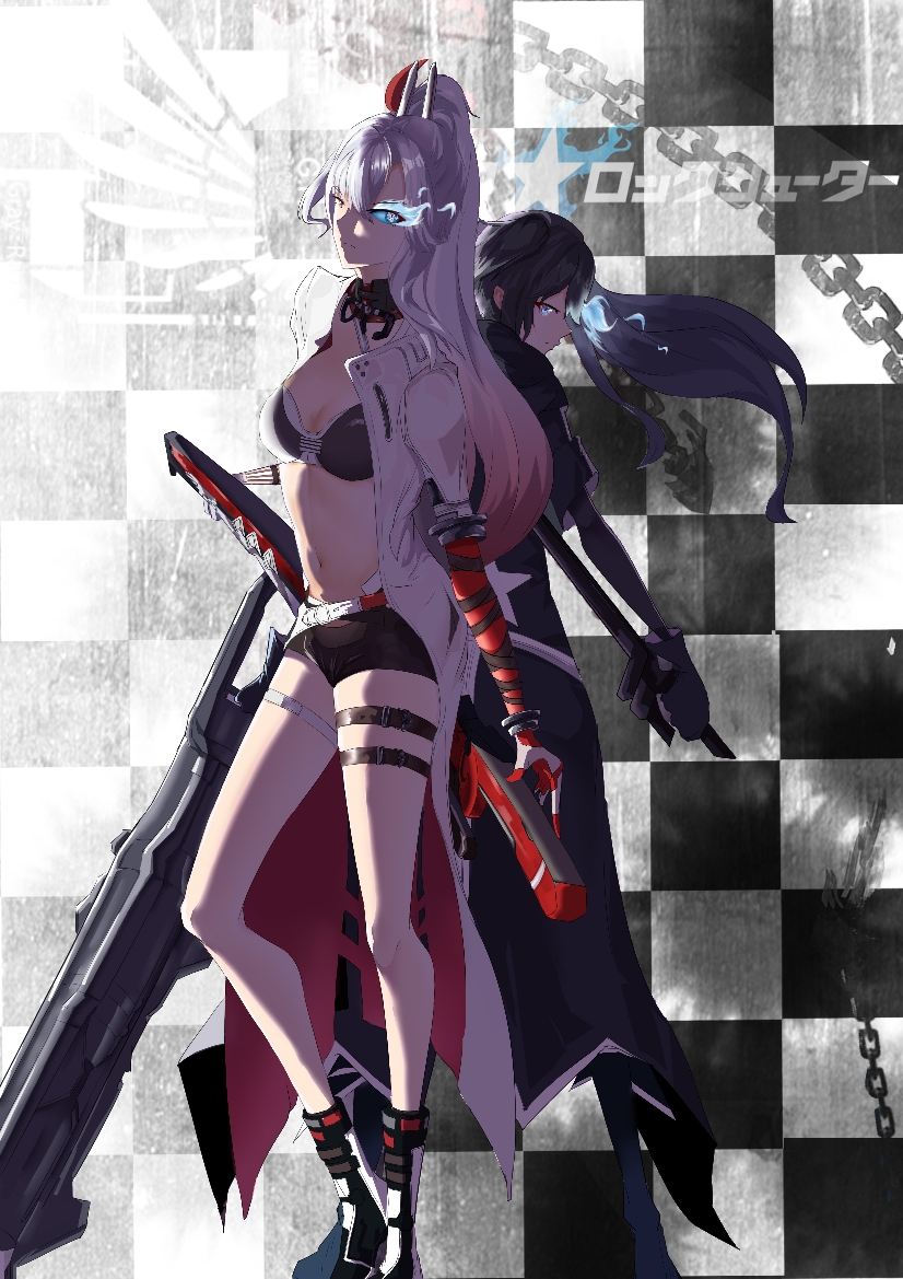 2girls alpha_(punishing:_gray_raven) back-to-back black_coat black_hair black_jacket black_rock_shooter black_rock_shooter_(character) black_shorts blue_eyes cannon chinese_commentary coat commentary crossover eyewear_around_neck flaming_eye gradient_hair grey_hair heterochromia holding holding_sword holding_weapon huge_weapon jacket katana long_hair lucia:_crimson_weave_(punishing:_gray_raven) multicolored_hair multiple_girls navel ponytail punishing:_gray_raven redhead sheath sheathed shorts sword thigh_strap translation_request twintails weapon white_jacket