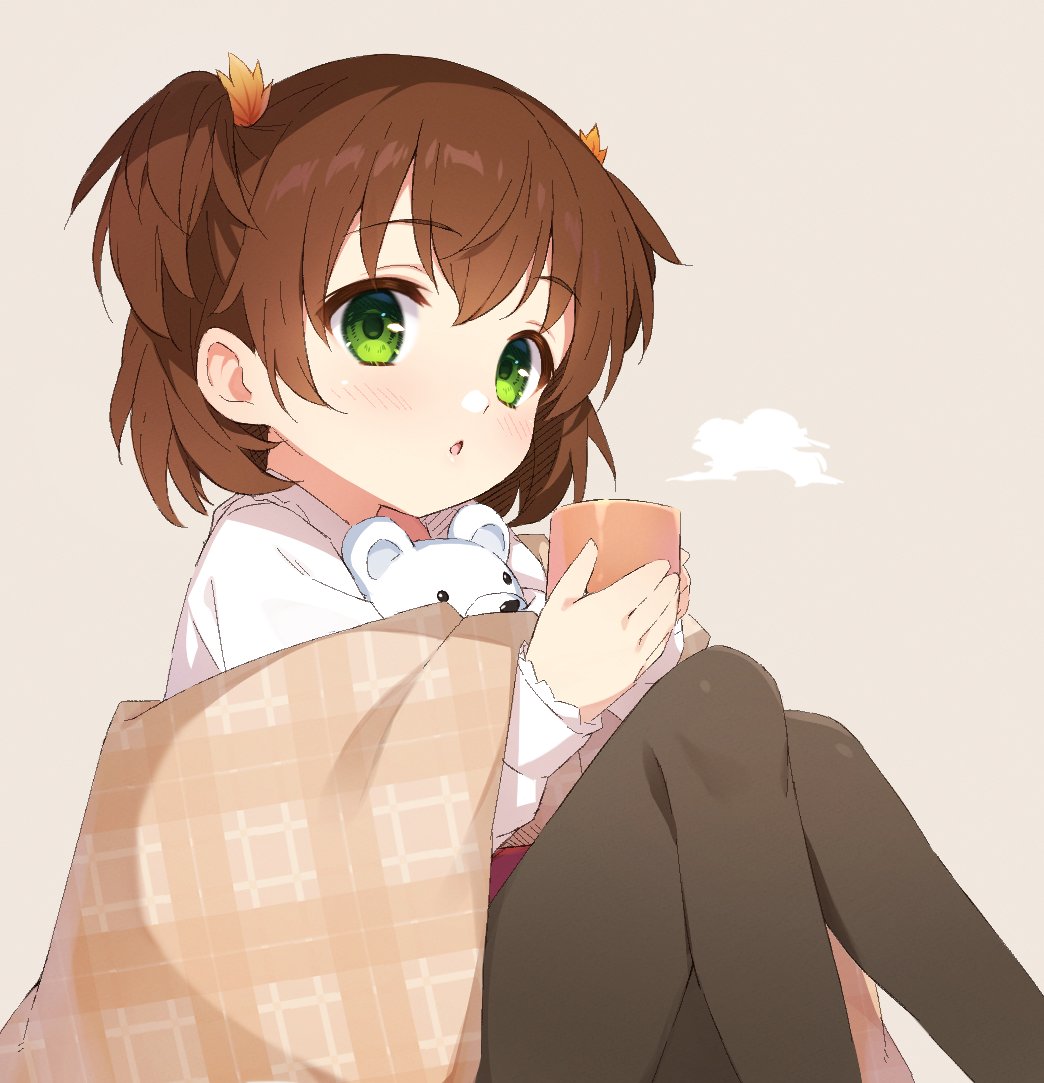 1girl autumn_leaves black_pantyhose blush brown_background brown_hair brown_shawl chestnut_mouth cofetaru commentary cup eyelashes feet_out_of_frame gin'iro_haruka green_eyes hair_ornament holding holding_cup knees_up leaf_hair_ornament looking_at_viewer nashiro_momiji open_mouth pantyhose plaid_shawl shawl shirt short_hair simple_background sitting solo spiky_hair steam tareme two_side_up white_shirt