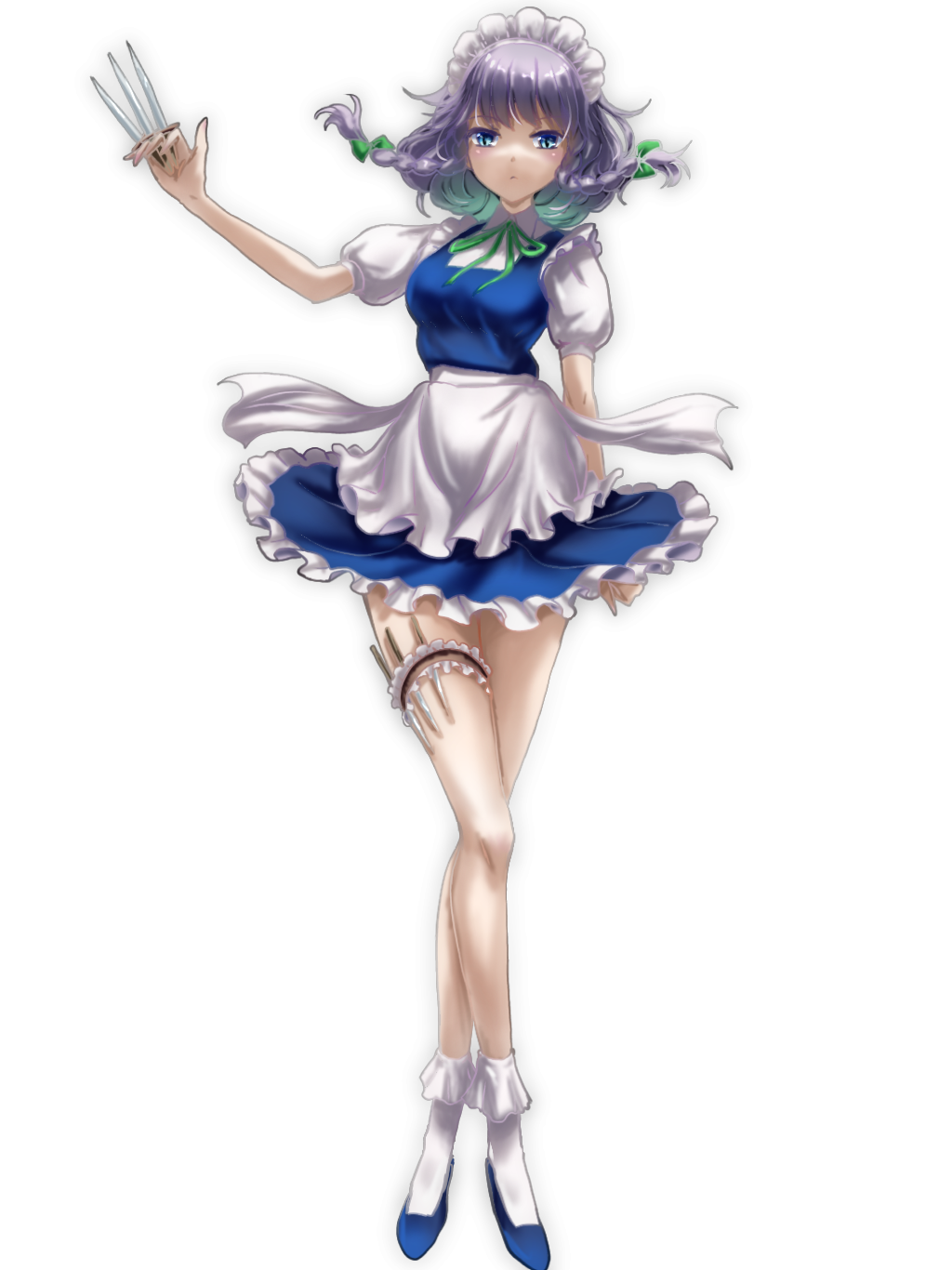 1girl ankake_hitokaji apron blue_dress blue_eyes blue_footwear bow braid breasts commentary dress floating_hair frilled_straps full_body glowing green_bow green_ribbon grey_hair hair_bow hand_up high_heels highres holding holding_knife holster izayoi_sakuya knife looking_at_viewer maid maid_apron maid_headdress medium_breasts medium_hair miniskirt neck_ribbon puffy_short_sleeves puffy_sleeves ribbon short_sleeves simple_background skirt slit_pupils solo standing thigh_holster thigh_strap throwing_knife touhou twin_braids waist_apron weapon white_apron white_background