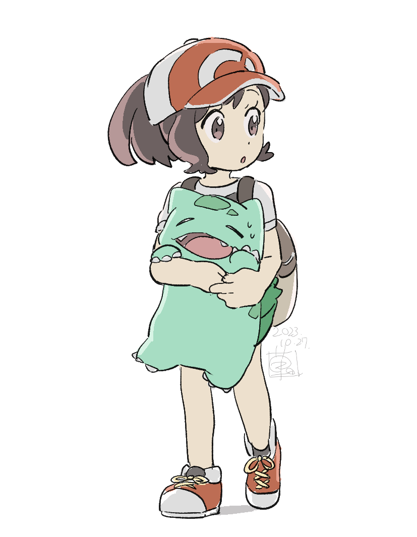 1girl :o backpack bag brown_bag brown_eyes brown_hair bulbasaur commentary_request dated elaine_(pokemon) eyelashes hat holding holding_pokemon looking_to_the_side own_hands_together parted_lips pokemon pokemon_(creature) pokemon_(game) pokemon_lgpe ponytail red_headwear shirt short_sleeves standing sweat ueda_hanako white_background