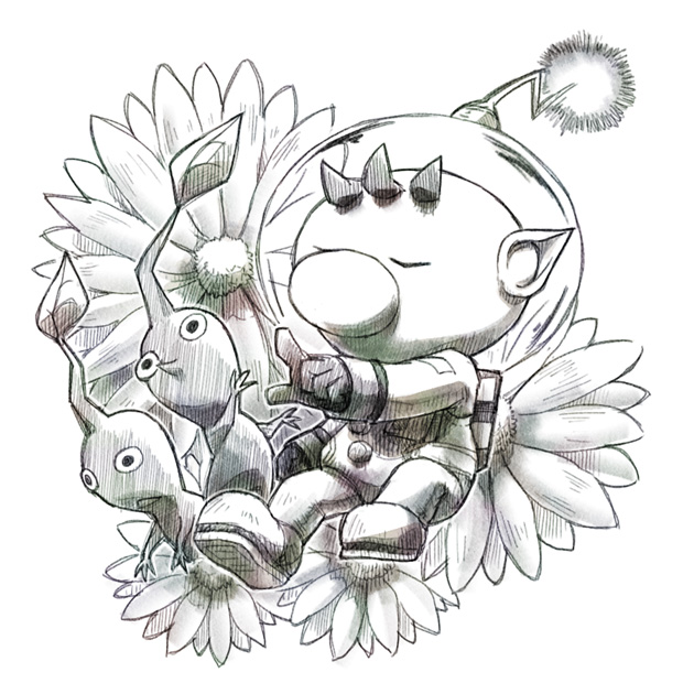 1boy backpack bag big_nose blue_pikmin buttons closed_eyes commentary_request floral_background greyscale helmet leaf male_focus monochrome naru_(wish_field) no_mouth olimar outstretched_arm patch pikmin_(creature) pikmin_(series) pointing pointing_forward pointy_ears pointy_nose radio_antenna red_pikmin short_hair space_helmet spacesuit triangle_mouth very_short_hair white_background