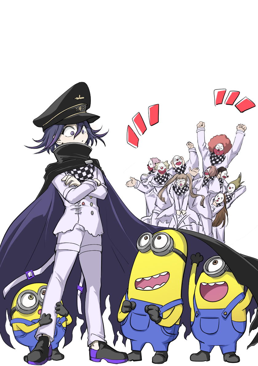 3girls 6+boys :d afro arm_up arms_up black_cape black_footwear black_gloves black_headwear cape checkered_clothes checkered_scarf clown_mask crossed_arms danganronpa_(series) danganronpa_v3:_killing_harmony dice_members_(danganronpa) eye_mask facing_another fat fat_man gloves grey_jacket grey_pants hair_between_eyes hat jacket long_sleeves mask minion_(despicable_me) minions_(movie) multiple_boys multiple_girls notice_lines oma_kokichi overalls pants peaked_cap purple_hair scarf shachoo_(poco_poco) shoes smile standing teeth torn_cape torn_clothes uniform upper_teeth_only