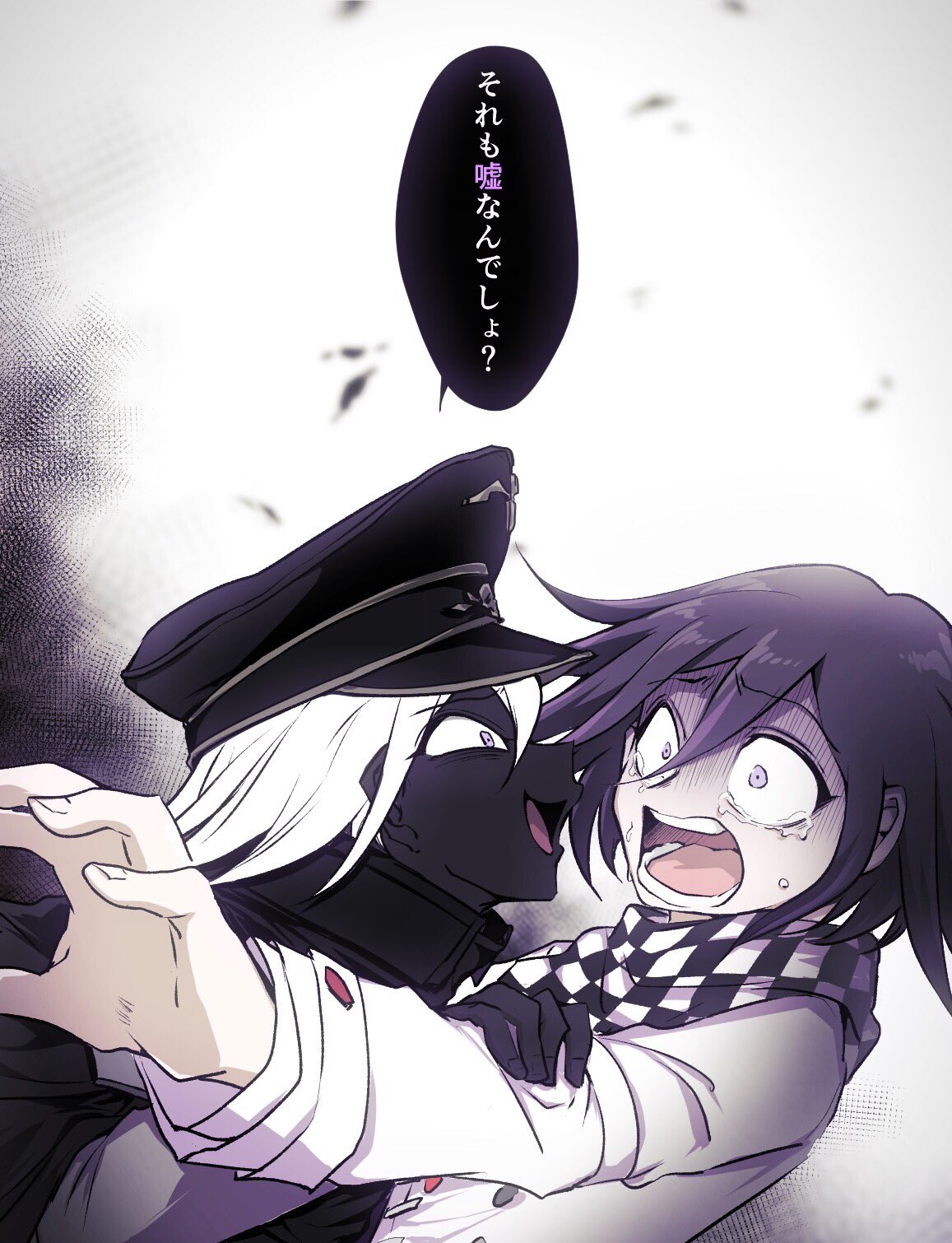 2boys :d black_cape black_headwear black_skin buttons cape checkered_clothes checkered_scarf colored_skin crying danganronpa_(series) danganronpa_v3:_killing_harmony dark_persona dual_persona from_side hat highres jacket long_sleeves male_focus multiple_boys oma_kokichi open_mouth peaked_cap scarf shachoo_(poco_poco) smile speech_bubble tears translation_request upper_body white_background white_hair white_jacket