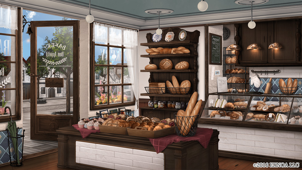baguette bakery basket bell book bread bungou_to_alchemist cake call_bell closed_umbrella cookie counter croissant cupcake curtains day display_case doughnut flower food hanging_light house indoors jam jar loaf_of_bread menu_board no_humans official_art open_door oven_mitts pastry pavement pink_flower plate rolling_pin sandwich scenery shelf shop tart_(food) town transparent_curtains umbrella window wooden_floor yellow_flower