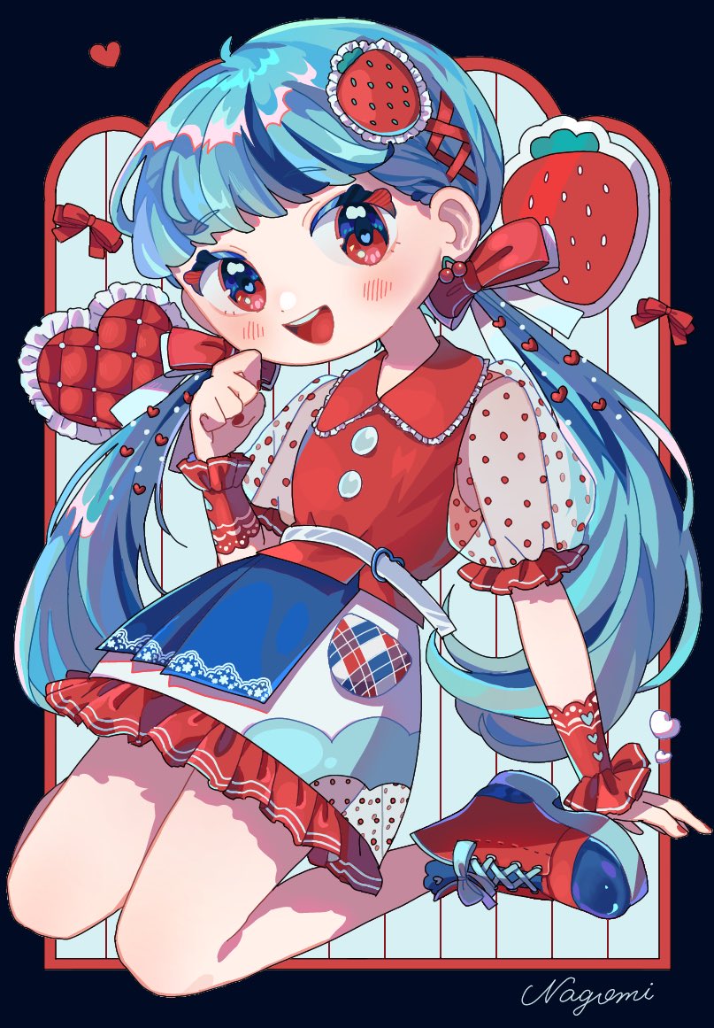 1girl artist_name belt belt_buckle blue_dress blue_hair buckle buttons cherry_earrings clenched_hand collared_dress commentary_request dress earrings flat_chest food-themed_earrings food-themed_hair_ornament frilled_dress frills full_body hair_ornament hair_ribbon hand_up heart jewelry kneeling light_blush long_hair looking_at_viewer low_twintails multicolored_clothes multicolored_dress nagomi_(_nagomi_) nail_polish open_mouth original outside_border polka_dot polka_dot_sleeves puffy_short_sleeves puffy_sleeves red_dress red_eyes red_footwear red_nails red_ribbon ribbon see-through see-through_sleeves shoelaces shoes short_sleeves signature smile solo strawberry_hair_ornament twintails white_belt wrist_cuffs