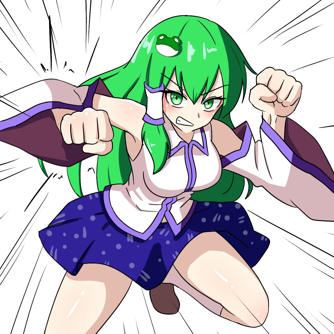 1girl bare_shoulders blue_skirt breasts brown_footwear clenched_hands clenched_teeth collared_shirt detached_sleeves ehehe52921343 english_commentary frog_hair_ornament green_eyes green_hair hair_between_eyes hair_ornament highres japanese_clothes kochiya_sanae large_breasts long_hair long_sleeves looking_at_viewer miko miniskirt nontraditional_miko raised_fist shirt shoes simple_background single_hair_tube single_sidelock skirt sleeveless sleeveless_shirt socks solo teeth touhou v-shaped_eyebrows white_background white_shirt white_sleeves white_socks