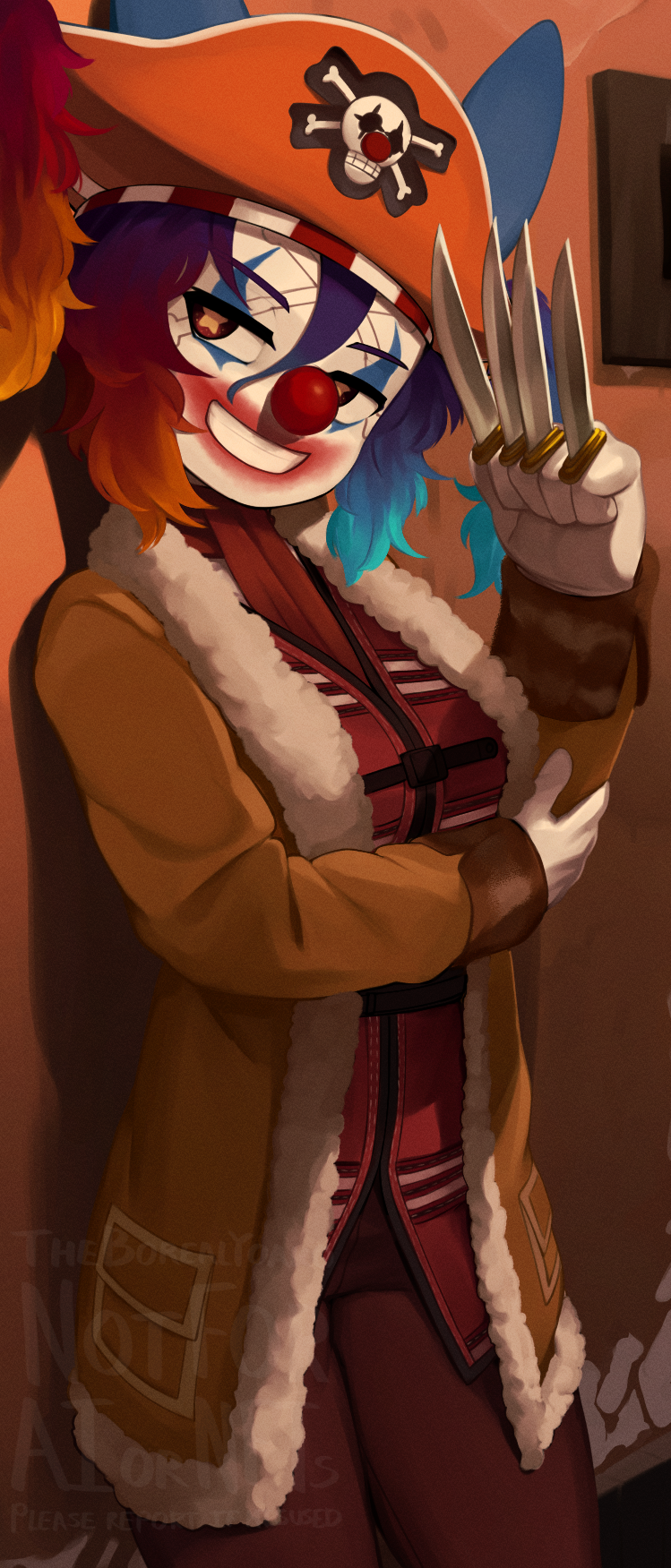 1girl blue_hair brown_coat brown_eyes buggy_the_clown buggy_the_clown_(cosplay) clown clown_nose coat cosplay fur-trimmed_coat fur_trim furry furry_female gloves gradient_hair grin hat highres holding holding_knife knife multicolored_hair one_piece original pirate pirate_hat red_nose redhead skull_and_crossbones smile solo star-shaped_pupils star_(symbol) symbol-shaped_pupils teeth white_gloves yoako