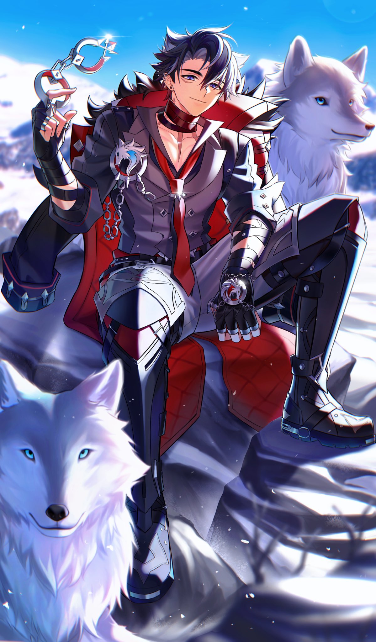 1boy bandaged_neck bandages black_hair cuffs genshin_impact handcuffs highres holding holding_handcuffs koushuiba mountain multicolored_hair necktie red_necktie scar scar_on_neck smile snow solo streaked_hair suit wolf wriothesley_(genshin_impact)