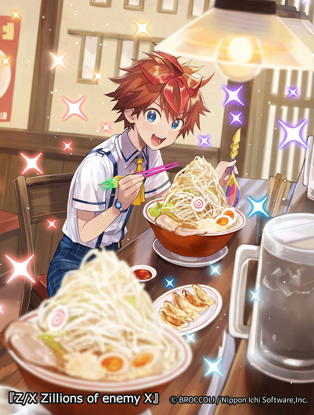 :d blue_eyes blue_pants blurry blurry_foreground blush bowl brown_hair character_request chopsticks collared_shirt commentary_request depth_of_field food hair_between_eyes highres holding holding_chopsticks indoors looking_at_viewer multicolored_hair noodles official_art on_chair pants ramen redhead shirt short_sleeves sitting smile solo sparkle streaked_hair suspenders teeth upper_teeth_only white_shirt yuko_(uc_yuk) z/x