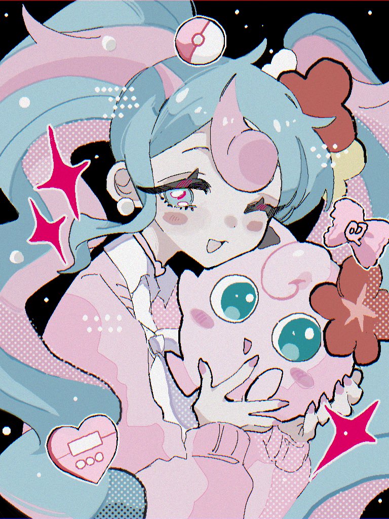 1girl ;d black_background blue_eyes blue_hair blush commentary_request earrings fairy_miku_(project_voltage) flower hair_flower hair_ornament hatsune_miku holding holding_pokemon jewelry jigglypuff long_hair long_sleeves looking_at_viewer multicolored_hair nail_polish neckerchief one_eye_closed open_mouth pink_hair pink_nails pink_sweater pokemon pokemon_(creature) project_voltage red_flower sidelocks smile sparkle sweater tabun_ningen twintails two-tone_hair upper_body very_long_hair vocaloid white_neckerchief yellow_flower