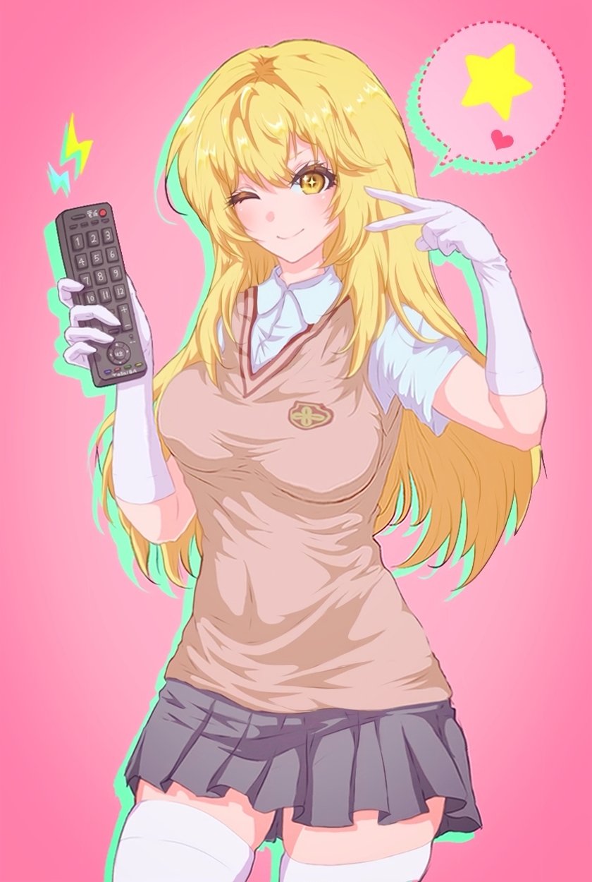 1girl ;) blonde_hair breasts brown_sweater_vest collared_shirt commentary_request controller cowboy_shot elbow_gloves gloves grey_skirt hair_between_eyes heart highres holding holding_remote_control large_breasts lightning_bolt_symbol long_hair nuuu9999 one_eye_closed pink_background pleated_skirt remote_control school_emblem school_uniform shirt shokuhou_misaki skirt smile solo sparkling_eyes spoken_heart spoken_star star_(symbol) summer_uniform sweater_vest thigh-highs toaru_kagaku_no_mental_out toaru_kagaku_no_railgun toaru_majutsu_no_index tokiwadai_school_uniform v white_gloves white_shirt white_thighhighs
