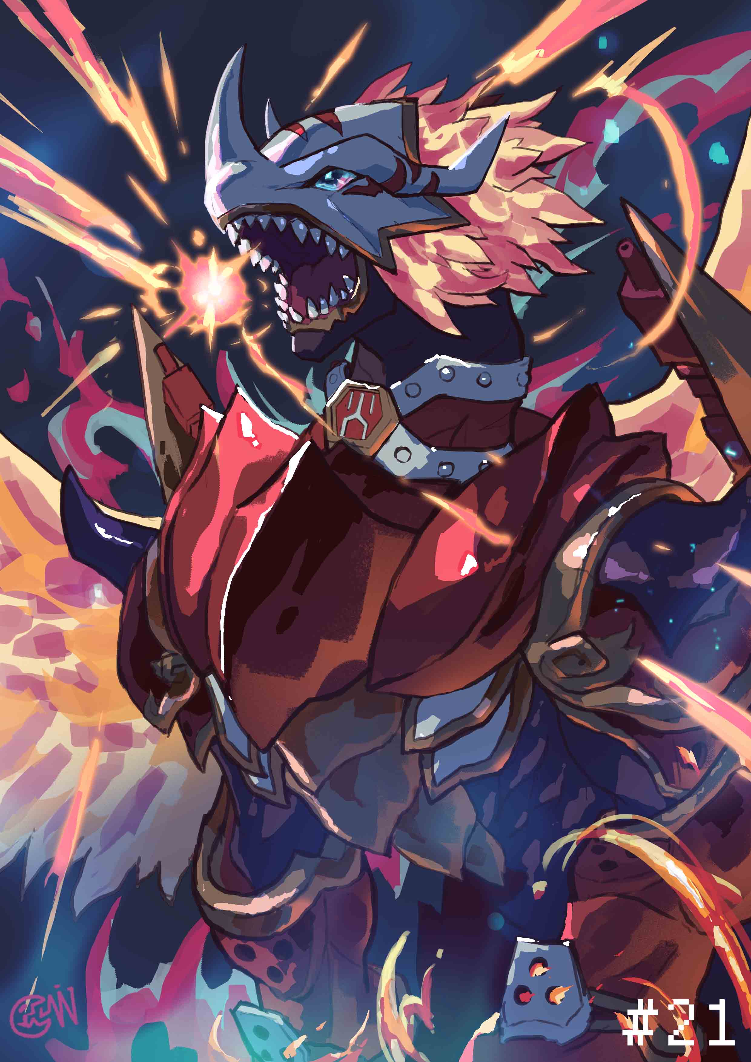 absurdres ancientgreymon armor blue_eyes breathing_fire cwdw digimon digimon_(creature) fire fireball highres horns no_humans numbered open_mouth sharp_teeth solo teeth watermark wings