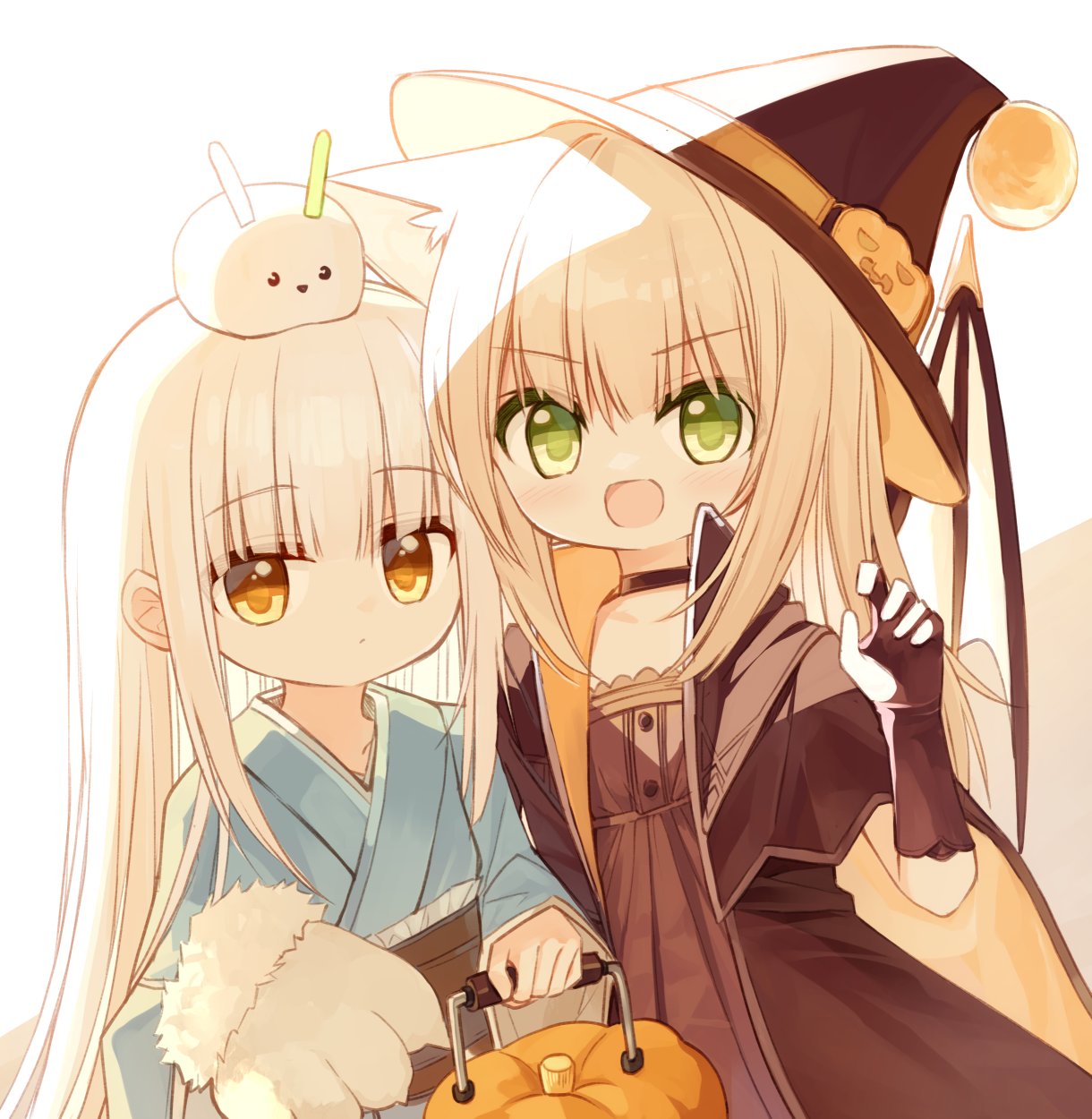2girls :d animal_hands black_gloves blue_kimono brown_background brown_cape brown_choker brown_dress brown_eyes brown_headwear brown_robe bunny_girl_(yuuhagi_(amaretto-no-natsu)) cape choker claw_pose closed_mouth collarbone commentary_request dress elbow_gloves fur-trimmed_gloves fur_trim gloves green_eyes hand_up hat highres japanese_clothes kimono long_hair looking_at_viewer multiple_girls obi on_head open_clothes open_robe original paw_gloves robe sash smile tilted_headwear two-tone_background v-shaped_eyebrows very_long_hair waka_(yuuhagi_(amaretto-no-natsu)) white_background white_gloves white_hair witch_hat yuuhagi_(amaretto-no-natsu)