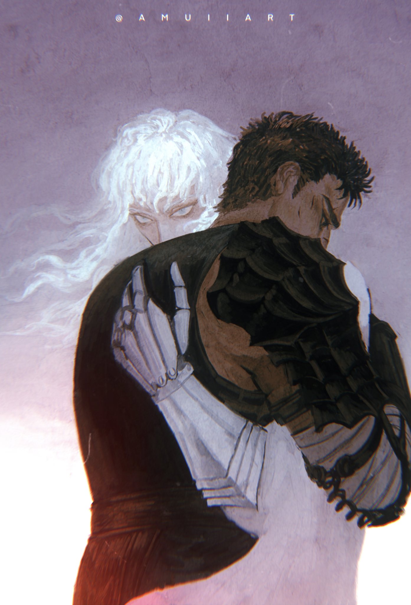 2boys amuii armor artist_name berserk black_eyes black_hair blue_eyes commentary covered_mouth cuts english_commentary from_side gauntlets gradient_background griffith_(berserk) guts_(berserk) hand_on_another's_back highres hug injury long_hair male_focus multiple_boys pauldrons pink_background short_hair shoulder_armor twitter_username upper_body wavy_hair white_hair
