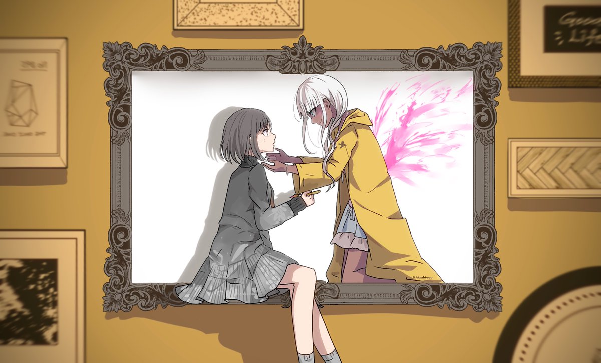 2girls airabi artist_name blunt_bangs closed_mouth danganronpa_(series) danganronpa_v3:_killing_harmony dark-skinned_female dark_skin eye_contact feet_out_of_frame frilled_skirt frills from_side holding holding_paintbrush hood hood_down hooded_jacket jacket long_hair long_sleeves looking_at_another low_twintails mini_person minigirl multiple_girls open_mouth paintbrush portrait_(object) project_sekai shinonome_ena short_hair sitting skirt smile tears twintails white_hair yellow_jacket yonaga_angie
