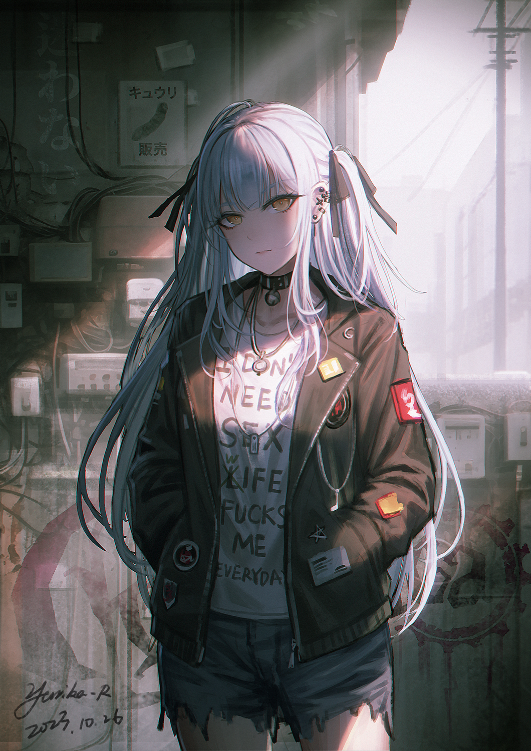 1girl bang_dream! bang_dream!_it's_mygo!!!!! black_jacket black_ribbon brown_eyes closed_mouth clothes_writing commentary_request cowboy_shot dated denim denim_shorts grey_hair grey_shorts hair_ribbon hands_in_pockets highres jacket long_hair looking_at_viewer open_clothes open_jacket power_lines profanity ribbon shirt short_shorts shorts signature solo standing togawa_sakiko torn_clothes torn_shorts two_side_up utility_pole very_long_hair white_shirt yurichtofen