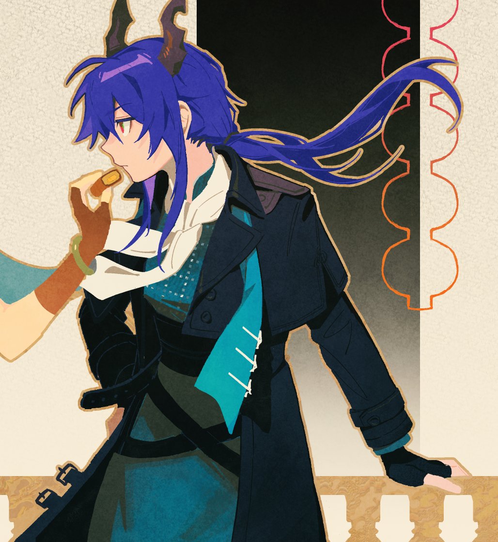 1girl alternate_costume arknights black_coat black_gloves blue_dress blue_hair bracelet buttons ch'en_(arknights) coat cowboy_shot dragon_girl dragon_horns dress feeding fingerless_gloves food gloves holding holding_food horns jewelry layered_sleeves low_twintails mooncake open_clothes open_coat out_of_frame red_eyes solo_focus twintails vento