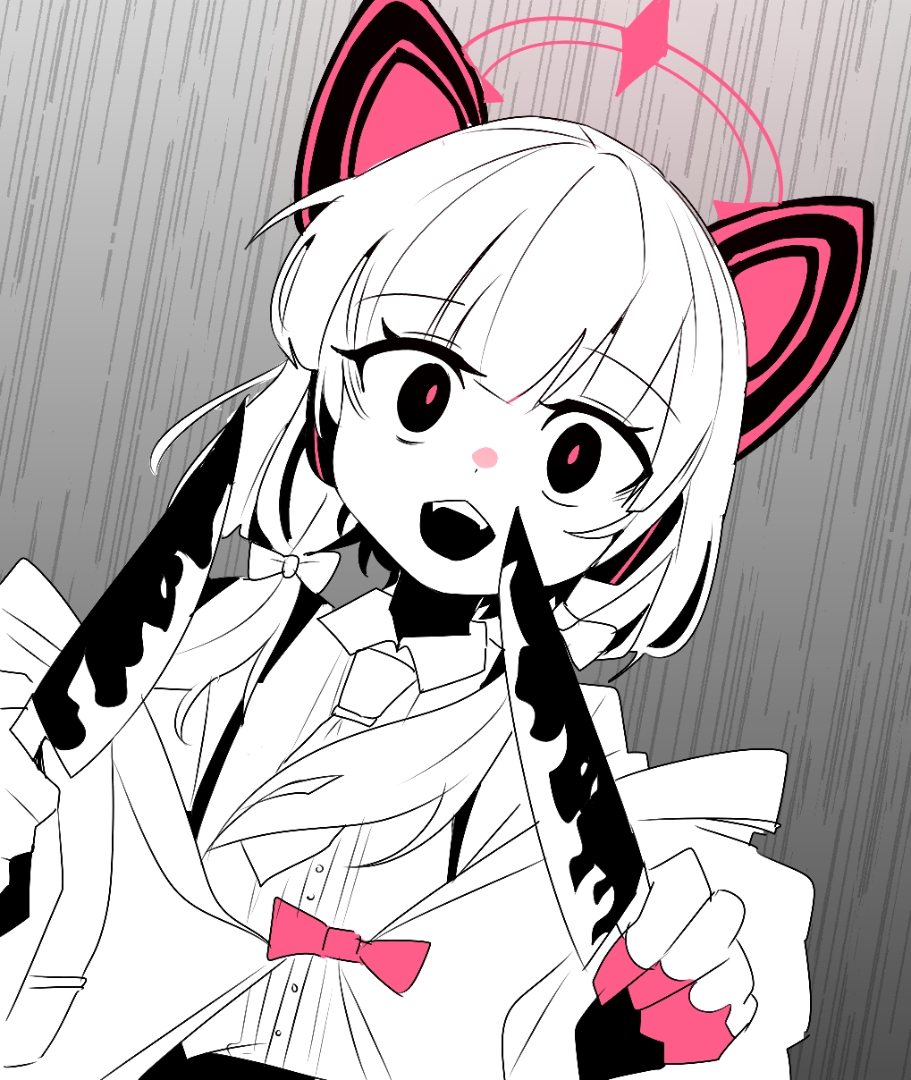 1girl animal_ear_headphones animal_ears blue_archive collared_shirt fake_animal_ears halo headphones highres holding holding_knife jacket knife momoi_(blue_archive) necktie open_mouth pearlgang_e pink_halo shirt short_hair sketch solo spot_color two-sided_fabric two-sided_jacket upper_body