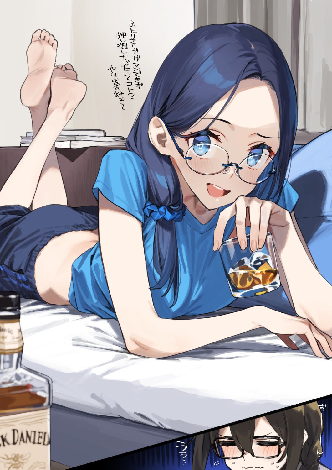 2girls 92m alcohol black-framed_eyewear black_hair blue_eyes blue_hair blue_scrunchie blue_shirt bottle closed_eyes cup dateko drinking_glass glasses highres kakita_(92m) looking_at_viewer lying multiple_girls on_stomach opaque_glasses open_mouth original scrunchie shirt the_pose translation_request wine wine_bottle wine_glass