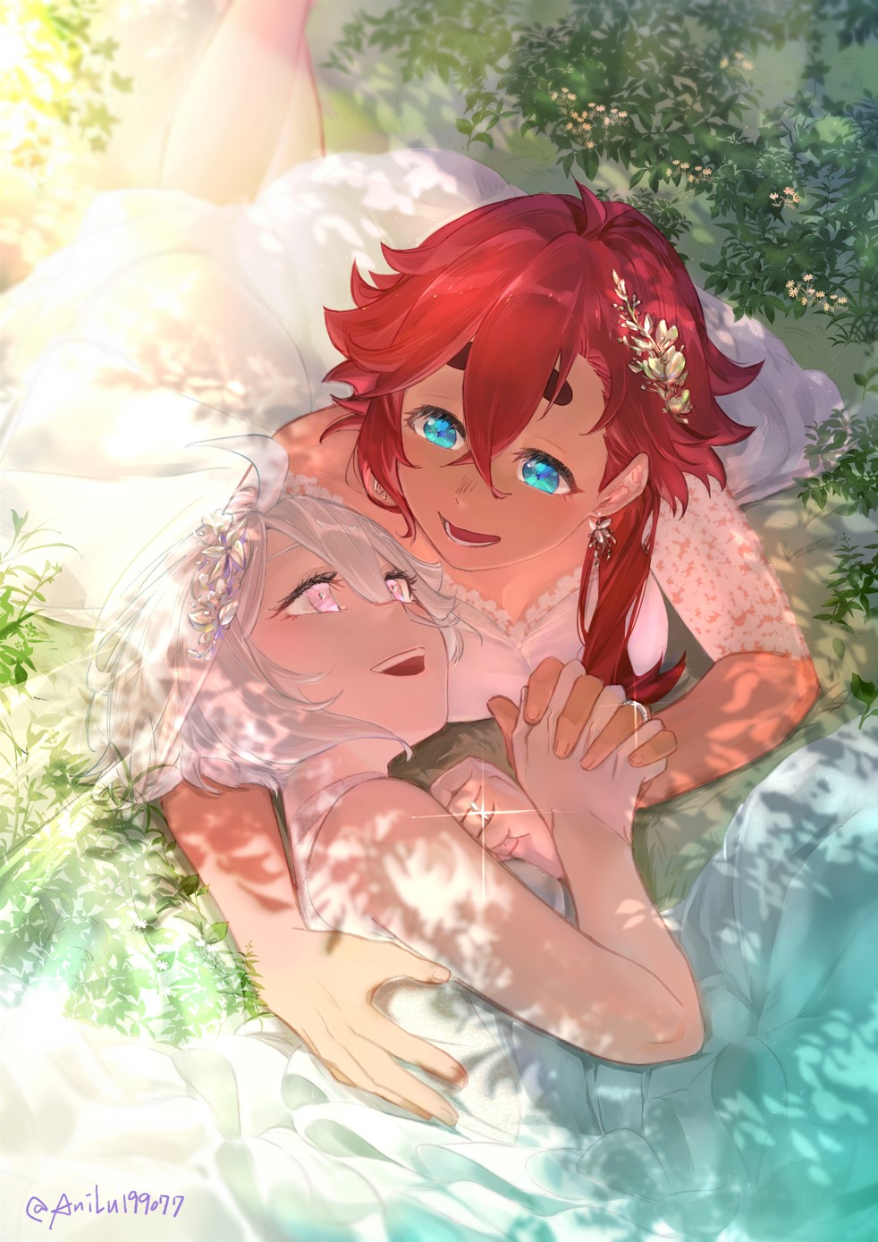 2girls ani_lu bare_shoulders blue_eyes bridal_veil couple dress earrings grey_eyes gundam gundam_suisei_no_majo hair_ornament hand_on_another's_back highres holding_hands interlocked_fingers jewelry leaf lying miorine_rembran multiple_girls on_stomach open_mouth outdoors pink_eyes redhead ring shade shining short_hair suletta_mercury sunlight twitter_username veil wedding_dress wedding_ring white_dress wife_and_wife yuri