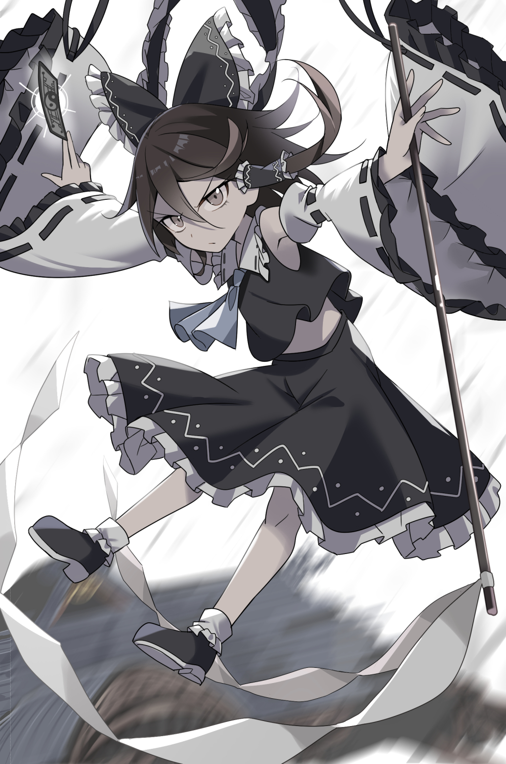 1girl ascot black_bow black_footwear black_skirt blue_ascot bow brown_eyes brown_hair closed_mouth detached_sleeves e.o. frilled_skirt frills hair_between_eyes hair_bow hakurei_reimu highres japanese_clothes long_hair looking_at_viewer nontraditional_miko ofuda ribbon-trimmed_sleeves ribbon_trim shoes skirt socks solo touhou white_sleeves white_socks wide_sleeves