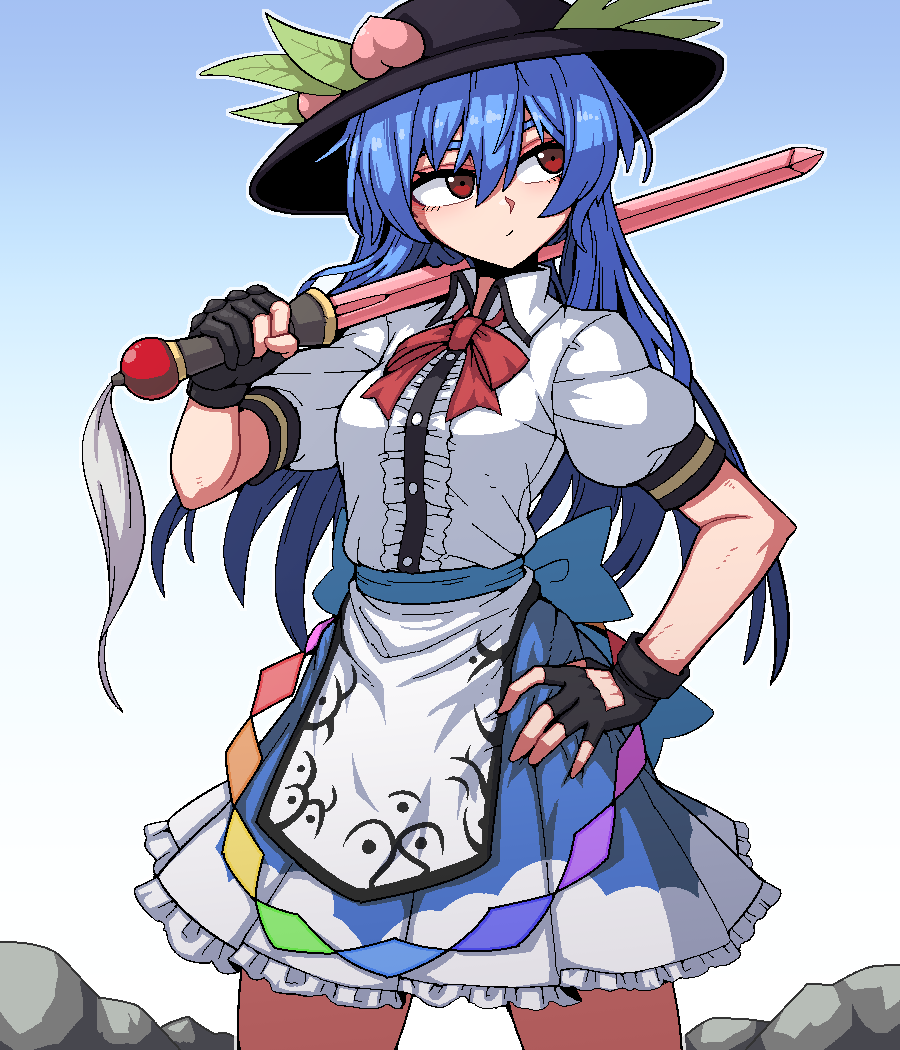 1girl black_gloves black_headwear blue_hair blue_skirt blush breasts buttons center_frills closed_mouth collared_shirt cowboy_shot fingernails formicid frilled_skirt frills fruit_hat_ornament gloves hair_between_eyes hat hat_ornament hinanawi_tenshi holding holding_sword holding_weapon korean_commentary long_hair medium_breasts miniskirt peach_hat_ornament puffy_short_sleeves puffy_sleeves red_eyes revision shirt short_sleeves skirt solo sword touhou weapon white_shirt