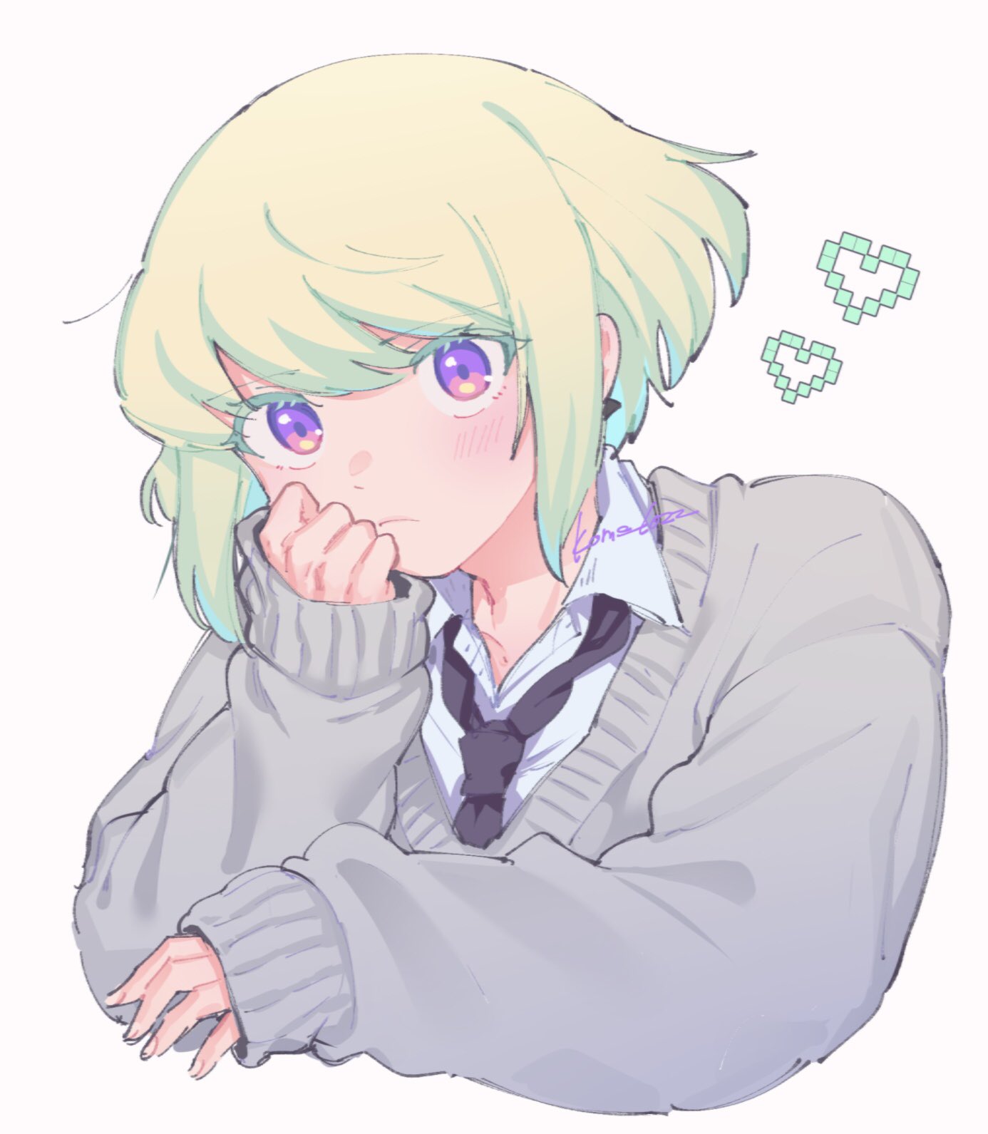 1boy alternate_costume black_necktie blonde_hair closed_mouth collared_shirt colored_eyelashes earrings grey_sweater head_rest heart highres jewelry kome_1022 light_blush lio_fotia looking_at_viewer loose_necktie male_focus necktie otoko_no_ko promare shirt short_hair sidelocks simple_background sleeves_past_wrists solo sweater triangle_earrings violet_eyes white_background white_shirt