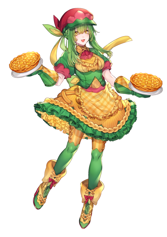 1girl :d apple_pie appletun apron ascot bow braid dress food footwear_bow french_braid frilled_apron frills green_hair green_thighhighs hat holding holding_saucer katagiri_hachigou long_hair open_mouth oven_mitts over-kneehighs personification pie plaid plaid_apron pokemon puffy_short_sleeves puffy_sleeves saucer short_sleeves shorts shorts_under_dress simple_background smile solo striped striped_shorts thigh-highs underbust vertical-striped_shorts vertical_stripes waist_apron white_background yellow_apron yellow_eyes yellow_shorts