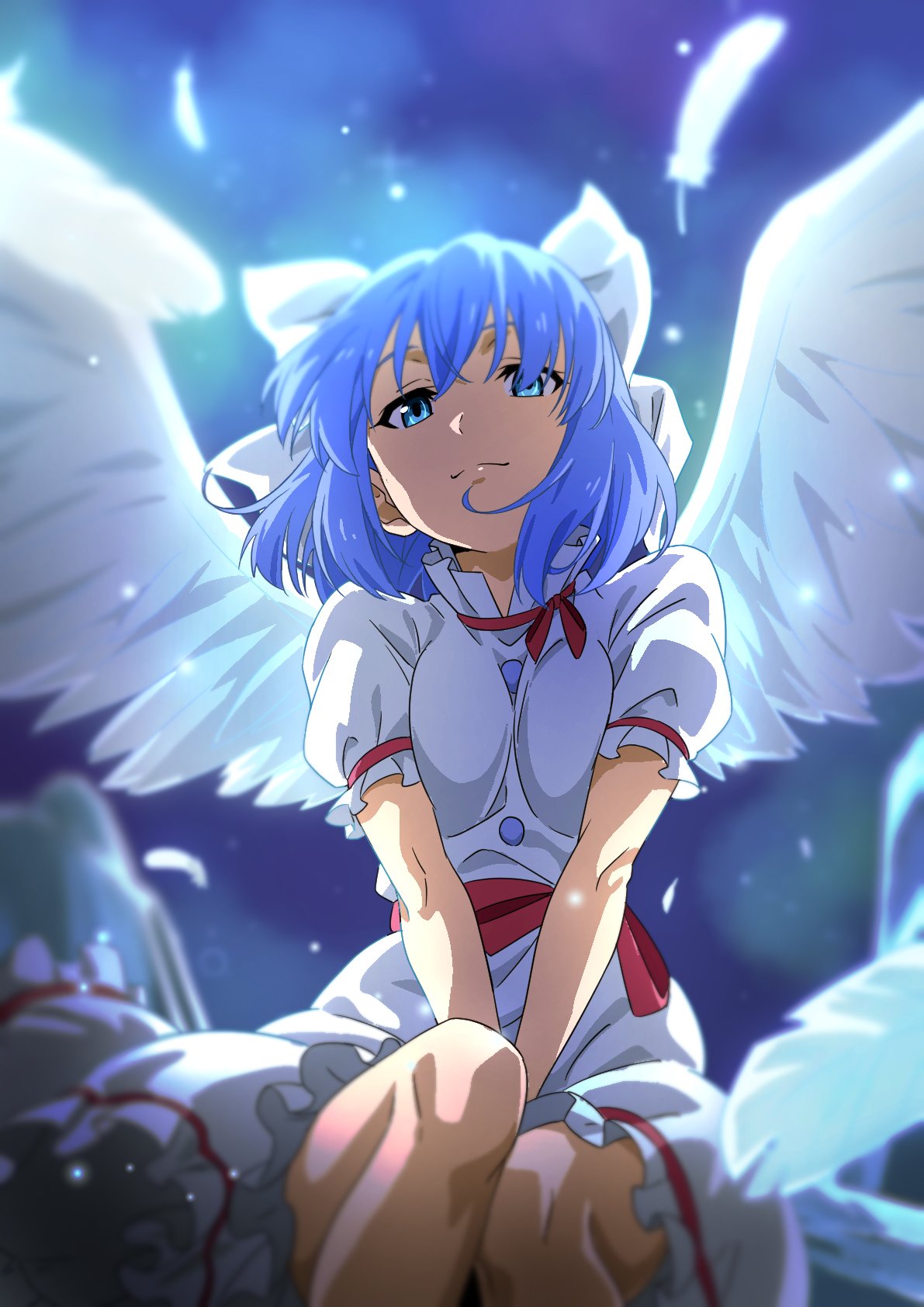 1girl blue_eyes blue_hair bow buttons closed_mouth dress feathered_wings feathers feet_out_of_frame frilled_dress frills gyouza_(mhea5724) hair_bow highres looking_at_viewer mai_(touhou) short_hair short_sleeves smile solo touhou touhou_(pc-98) white_bow white_dress white_wings wings