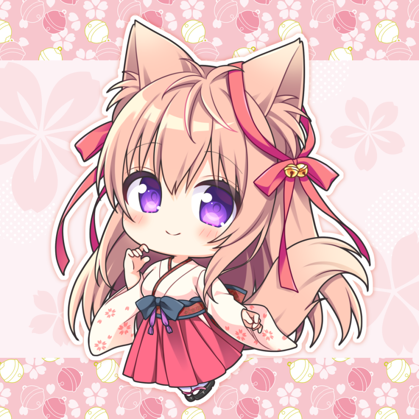1girl animal_ears bell blush bow brown_hair chibi closed_mouth commentary_request floral_background fox_ears fox_girl fox_tail full_body hair_between_eyes hakama hakama_skirt hand_up japanese_clothes jingle_bell kimono long_sleeves looking_at_viewer mito_mashiro pink_background red_bow red_hakama ryuuka_sane skirt sleeves_past_wrists smile solo tail tayutama violet_eyes white_kimono wide_sleeves
