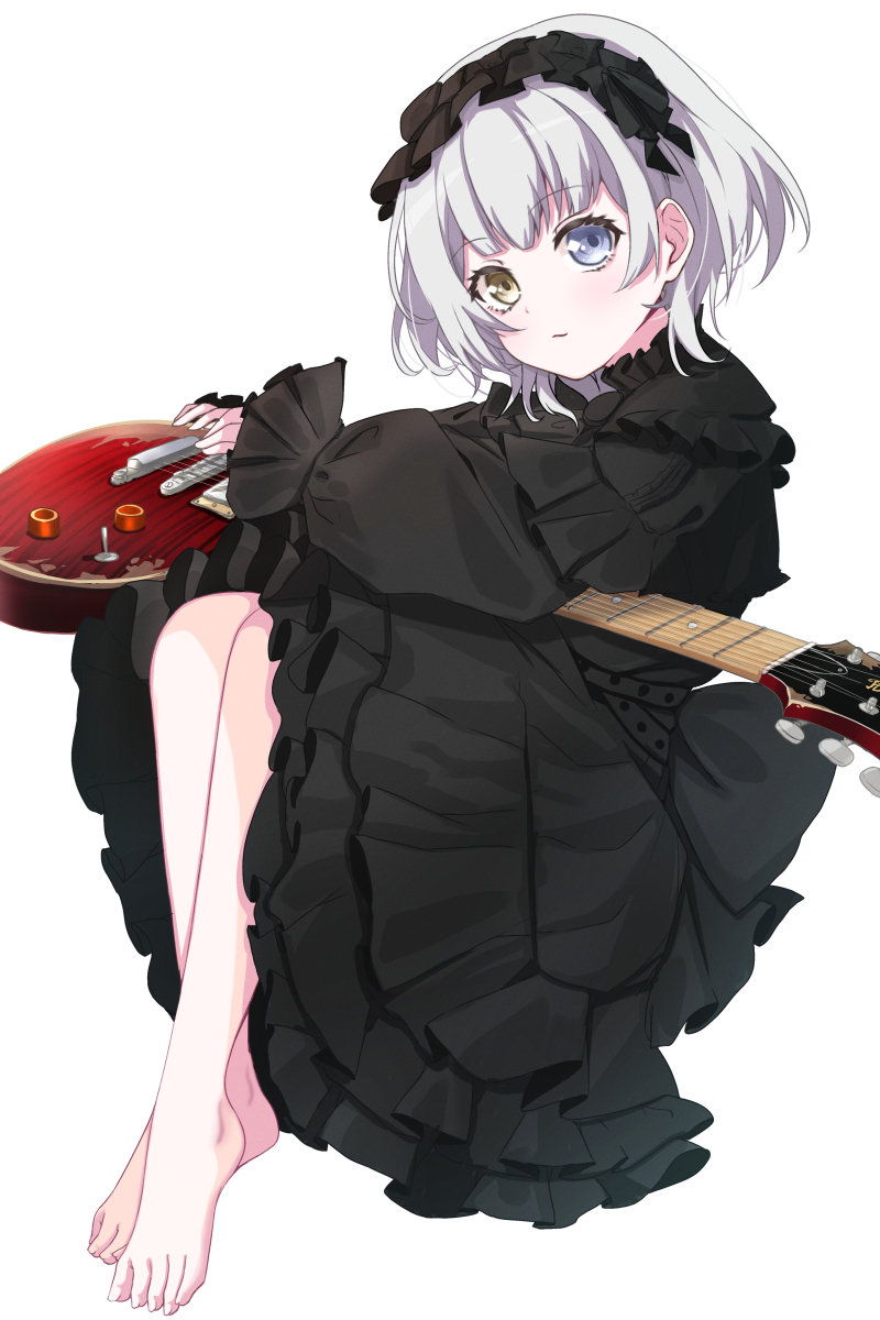 1girl amai_nekuta back_bow bang_dream! bang_dream!_it's_mygo!!!!! barefoot belt black_belt black_bow black_dress black_hairband blue_eyes bow closed_mouth commentary_request crossed_ankles dress electric_guitar frilled_dress frilled_sleeves frills full_body gothic_lolita grey_hair guitar hairband hands_up head_tilt heterochromia highres holding holding_instrument instrument kaname_raana knees_up light_smile lolita_fashion lolita_hairband long_sleeves looking_at_viewer puffy_long_sleeves puffy_sleeves short_hair simple_background sitting sleeves_past_wrists solo white_background yellow_eyes