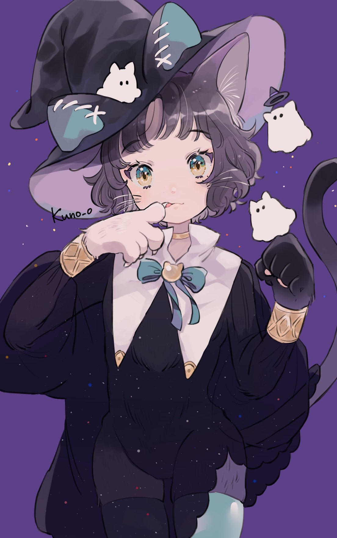 1girl animal_ears animal_hands aqua_bow black_hair black_headwear bow bowtie cat_ears cat_girl cat_paws cat_tail collared_dress dress green_eyes hands_up hat highres jikuno multicolored_eyes original purple_background ribbon simple_background solo tail witch_hat yellow_eyes