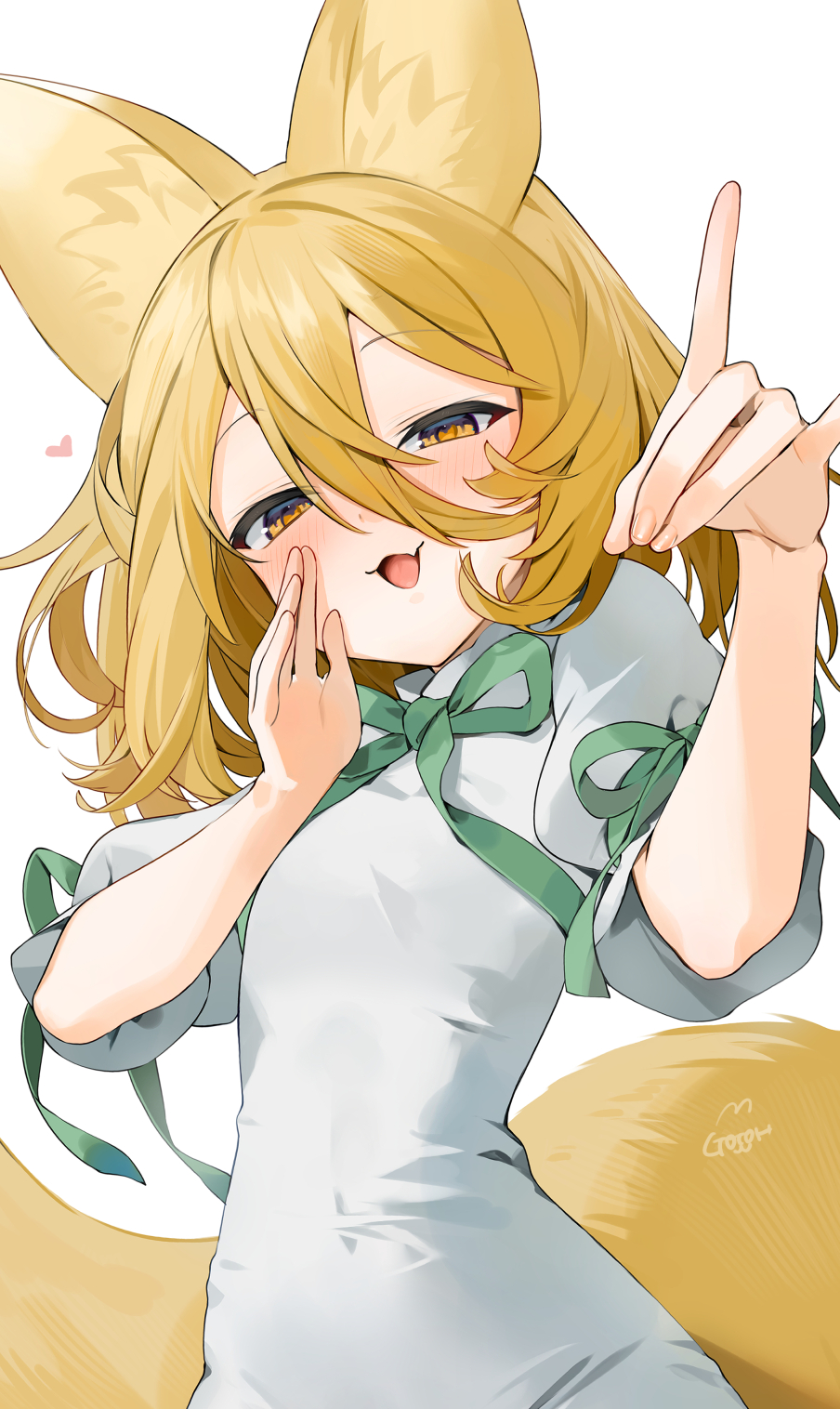 1girl :3 animal_ear_fluff animal_ears artist_name blonde_hair brown_eyes fang fingernails fox_ears fox_girl fox_shadow_puppet fox_tail gotoh510 green_ribbon hair_between_eyes hand_to_own_mouth hand_up heart highres kudamaki_tsukasa looking_at_viewer medium_hair open_mouth ribbon short_sleeves simple_background skin_fang smile solo tail touhou upper_body white_background white_romper