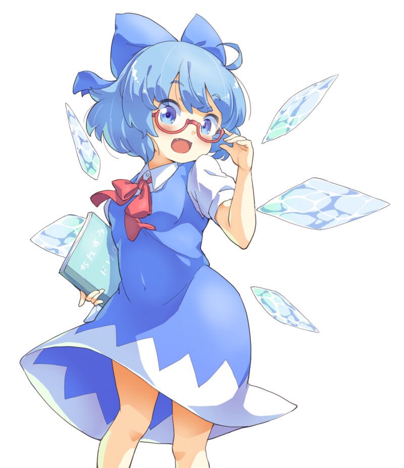 1girl blue_dress blue_eyes blue_hair book bow bowtie breasts cirno collared_shirt covered_navel dress feet_out_of_frame holding holding_book ice ice_wings impossible_clothes iosys looking_at_viewer open_mouth pinafore_dress red-framed_eyewear semi-rimless_eyewear shirt short_hair simple_background sleeveless sleeveless_dress small_breasts solo tanasuke touhou white_background white_shirt wings