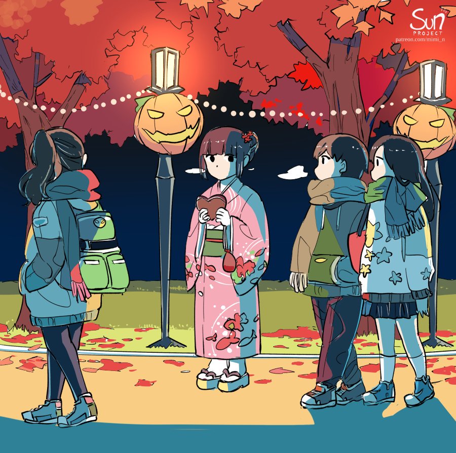 1boy 3girls artist_logo autumn autumn_leaves backpack bag chocolate commentary english_commentary flower food geta green_sash hair_bun hair_flower hair_ornament hands_in_pockets high_ponytail holding holding_chocolate holding_food jack-o'-lantern japanese_clothes kimono lamppost long_hair looking_at_another mimi_n multiple_girls night no_mouth obi original outdoors park patreon_username pink_kimono ponytail road sash scarf short_hair street tree walking wide_sleeves yukata