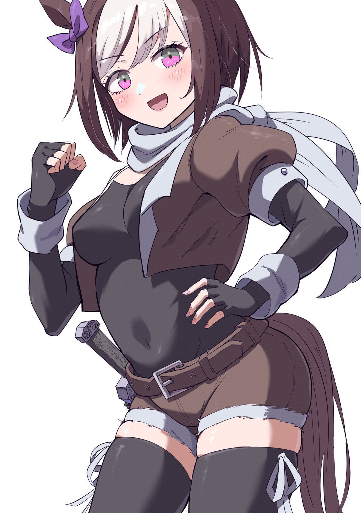 1girl alternate_costume animal_ears belt breasts clenched_hand commentary_request covered_navel fingerless_gloves gloves highres horse_ears horse_tail itosu200 looking_at_viewer medium_breasts medium_hair navel open_mouth scarf shorts simple_background solo special_week_(umamusume) tail thigh-highs umamusume violet_eyes weapon white_background