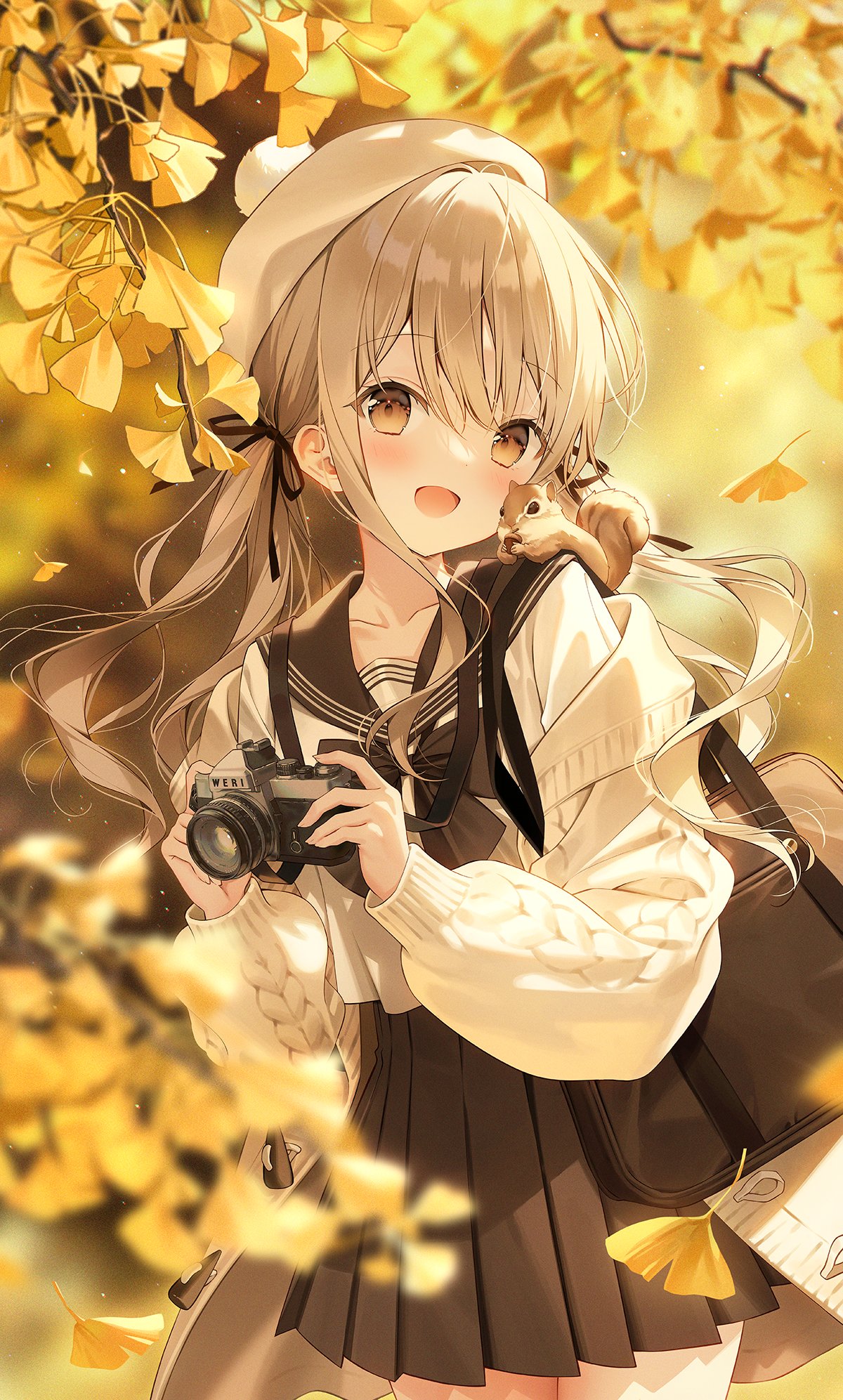1girl :d acorn animal autumn autumn_leaves beret black_ribbon black_sailor_collar black_skirt blurry blurry_background blurry_foreground blush brown_eyes camera collarbone commentary depth_of_field falling_leaves fire fireplace flower food ginkgo_leaf hair_between_eyes hair_ribbon hat highres holding holding_camera holding_leaf leaf long_hair long_sleeves looking_at_viewer maple_leaf motion_blur off_shoulder open_clothes open_mouth original outdoors pleated_skirt ribbon sailor_collar school_uniform serafuku shirt skirt smile solo sunflower sunset twintails very_long_hair weri white_headwear