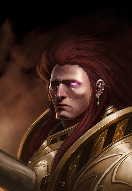 1boy alvarojh armor colored_skin commentary crying earrings english_commentary fake_horns glowing glowing_eye gold_armor horns jewelry long_hair magnus_the_red one-eyed pauldrons pink_eyes power_armor primarch red_skin redhead shoulder_armor single_tear solo tears warhammer_40k