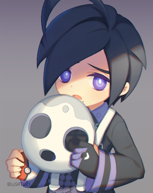 1boy ahoge allister_(pokemon) black_hair black_shirt bright_pupils collared_shirt commentary_request gloves grey_background holding holding_mask holding_poke_ball long_sleeves male_focus mask mole mole_under_mouth open_mouth partially_fingerless_gloves poke_ball poke_ball_(basic) pokemon pokemon_(game) pokemon_swsh shirt short_hair single_glove solo suspenders upper_body violet_eyes white_pupils wusagi2
