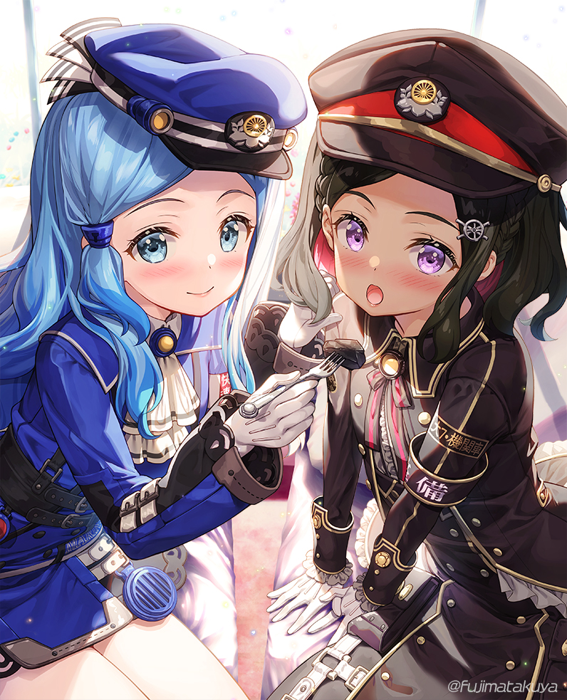 2girls armband black_hair black_headwear black_jacket black_skirt blue_eyes blue_hair blue_headwear blue_jacket blue_skirt blush braid character_request commentary_request feeding fork fujima_takuya gloves hat holding holding_fork jacket long_sleeves multicolored_hair multiple_girls open_mouth peaked_cap pink_hair rail_romanesque skirt swept_bangs two-tone_hair violet_eyes white_gloves wide_sleeves