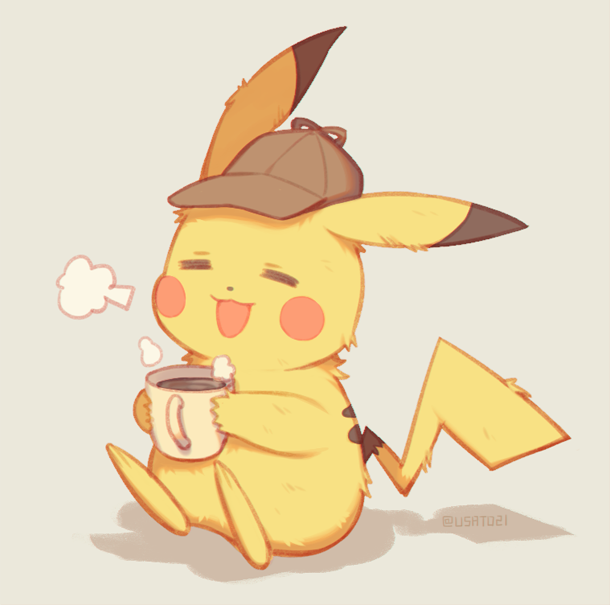 :d =3 brown_headwear closed_eyes clothed_pokemon coffee commentary_request cup detective_pikachu detective_pikachu_(character) grey_background hat holding holding_cup mug open_mouth pikachu pokemon sitting smile wusagi2