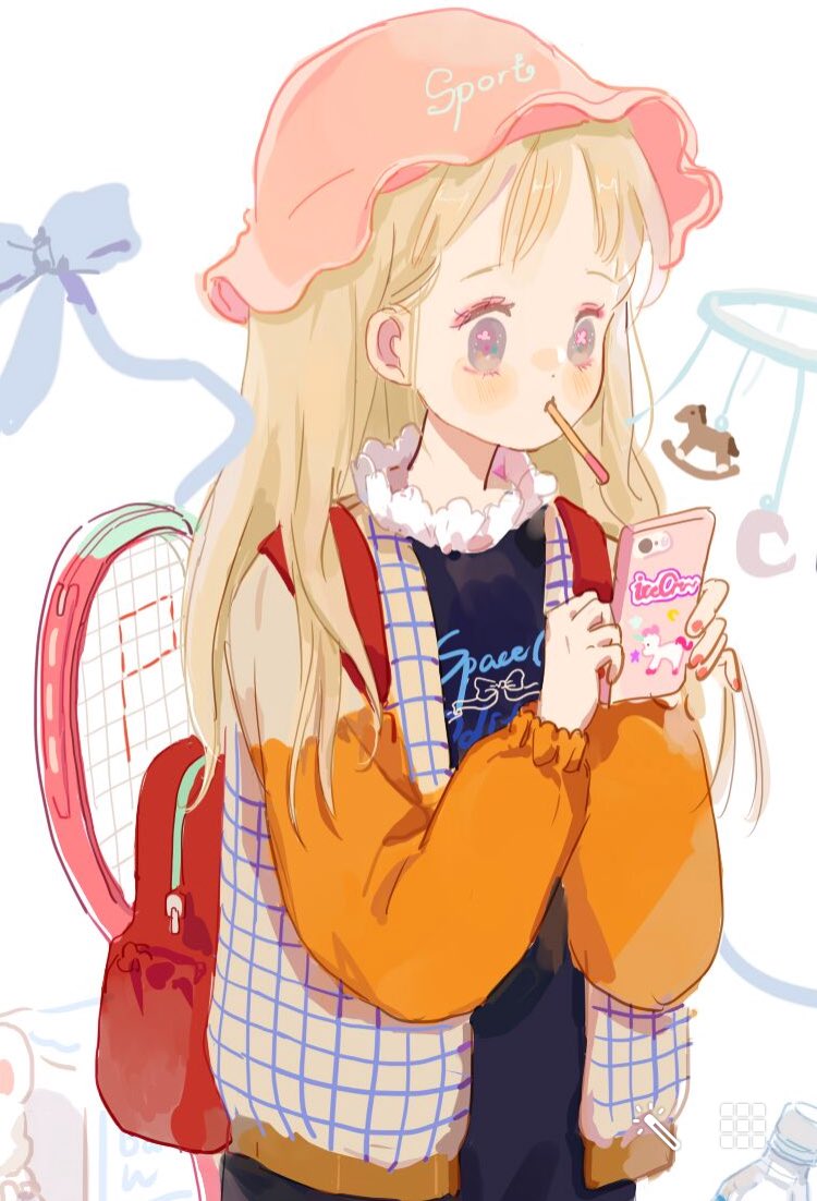1girl backpack bag black_shirt blonde_hair blue_bow blush_stickers bow bow_print cellphone collared_shirt commentary english_commentary english_text eyelashes flower_in_eye food food_in_mouth frilled_sleeves frills fruit fur_collar hat holding holding_phone jacket jersey long_hair long_sleeves looking_at_object mob_cap nail_polish orange_(fruit) orange_slice original phone pink_headwear plaid plaid_jacket pocky_in_mouth puffy_long_sleeves puffy_sleeves putong_xiao_gou racket red_bag red_nails rocking_horse shirt smartphone solo straight_hair symbol_in_eye t-shirt tennis_racket two-tone_sleeves unicorn upper_body violet_eyes white_background white_jacket white_sleeves