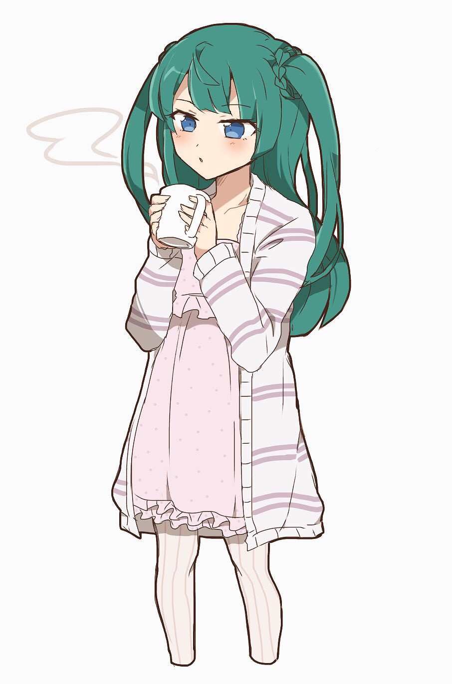 1girl blue_eyes blunt_bangs blunt_ends blush cardigan chemise cropped_legs cup frills green_hair hands_up highres holding holding_cup long_hair long_sleeves mug nojima_minami open_cardigan open_clothes pretty_(series) pripara simple_background solo standing steam tsukikawa_chiri two_side_up white_background
