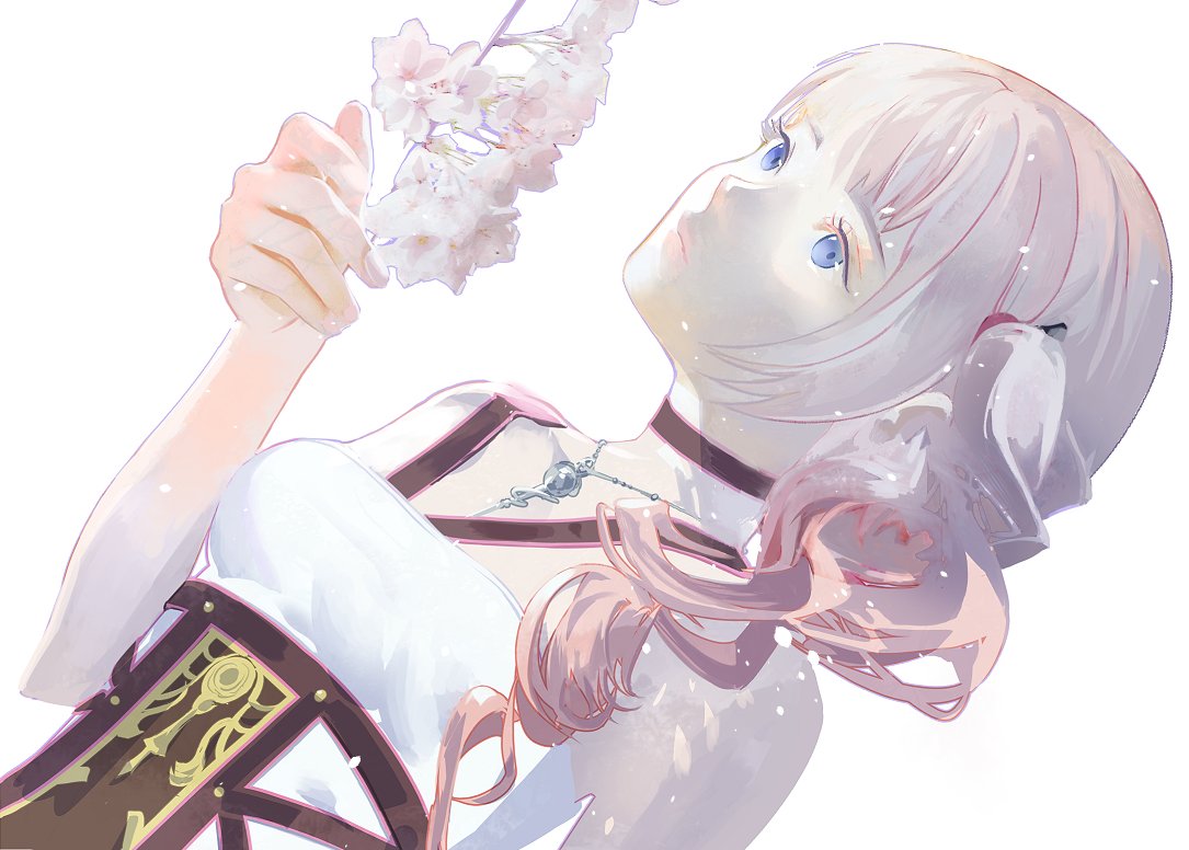 1girl blue_eyes breasts closed_mouth cofffee final_fantasy final_fantasy_xiii final_fantasy_xiii-2 flower jewelry long_hair necklace pink_hair serah_farron side_ponytail simple_background solo white_background