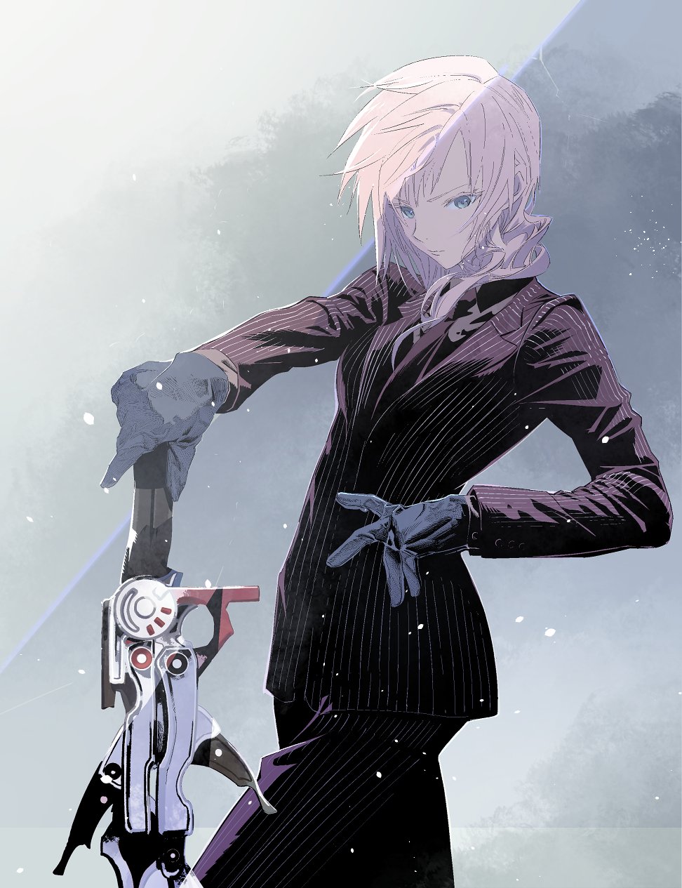 1girl black_gloves blue_eyes breasts closed_mouth cofffee final_fantasy final_fantasy_xiii gloves highres holding holding_sword holding_weapon lightning_farron long_hair looking_at_viewer pant_suit pants pink_hair solo suit sword weapon