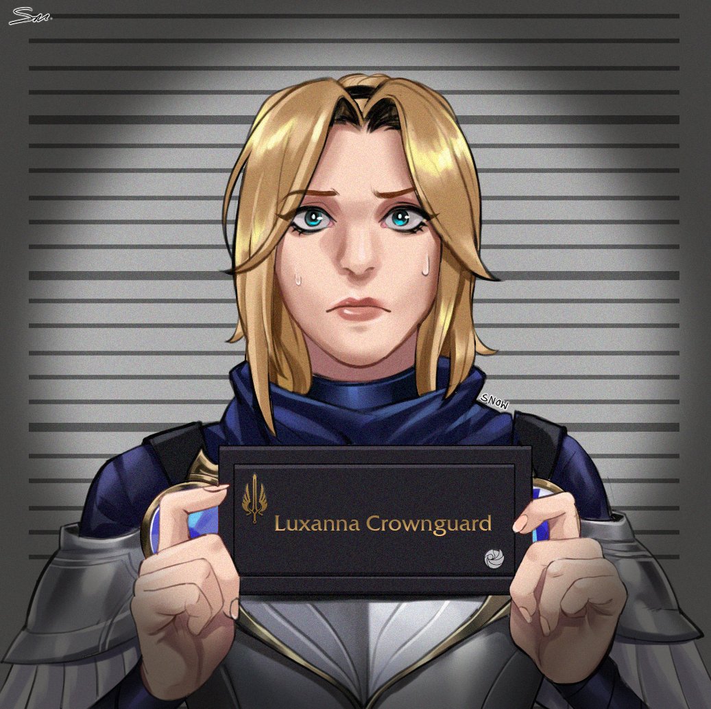 1girl aqua_eyes armor barbie_(franchise) barbie_(live_action) barbie_mugshot_(meme) blonde_hair commentary english_commentary frown height_chart height_mark holding holding_sign league_of_legends lux_(league_of_legends) meme mugshot nameplate portrait sign signature snow_weiss_(xsnow_weissx) solo sweat