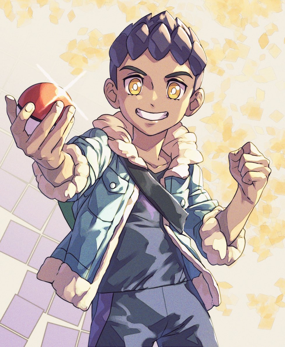 1boy black_pants black_shirt bright_pupils clenched_hand collarbone commentary_request cowboy_shot dark-skinned_male dark_skin fur-trimmed_jacket fur_trim green_bag grin holding holding_poke_ball hop_(pokemon) jacket komame_(st_beans) looking_at_viewer male_focus open_clothes open_jacket pants poke_ball poke_ball_(basic) pokemon pokemon_(game) pokemon_swsh purple_hair shirt short_hair sleeves_past_elbows smile solo teeth white_pupils yellow_eyes