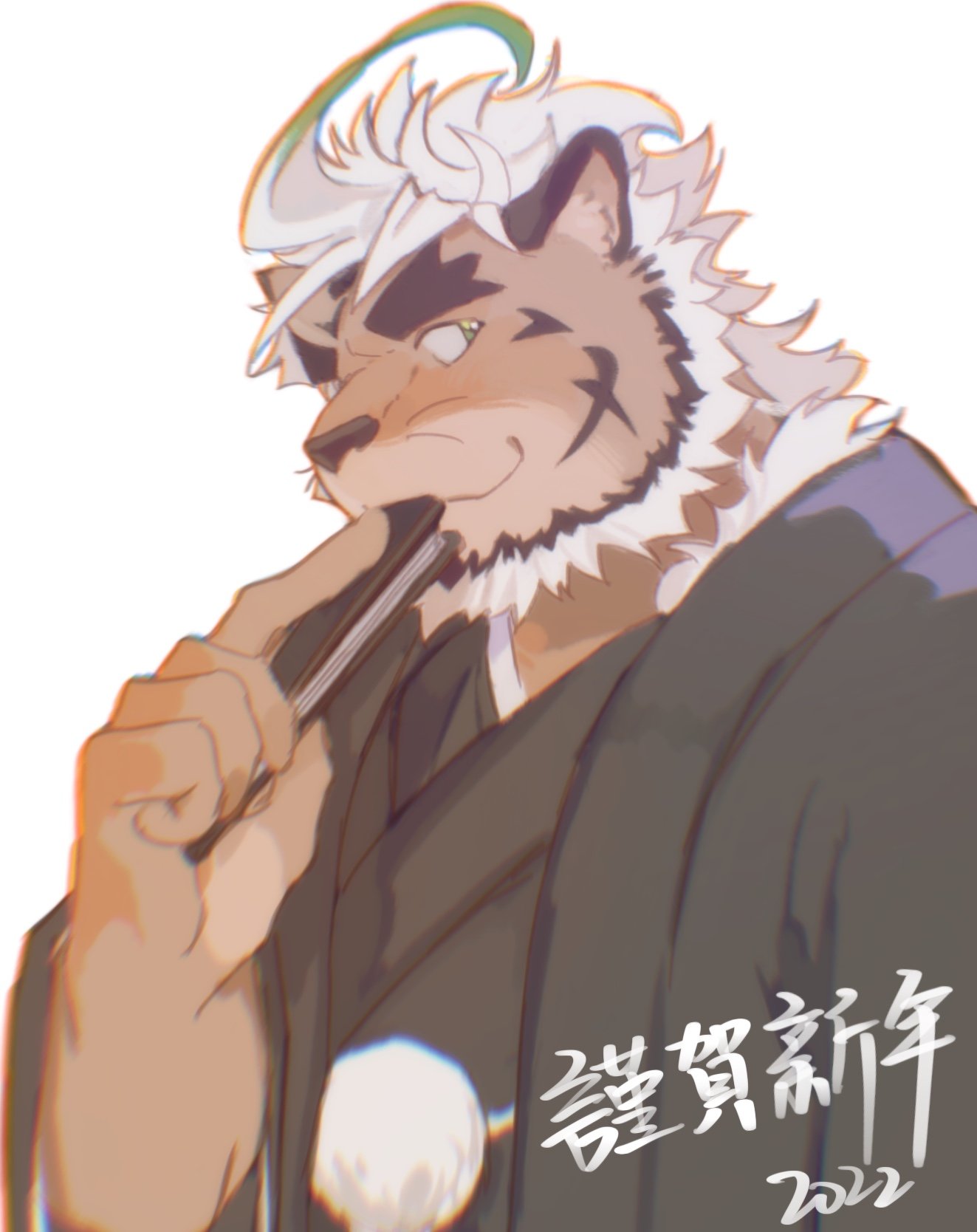 1boy 2022 animal_ears badai black_jacket black_kimono character_request check_character chinese_text closed_mouth colored_tips folding_fan furry furry_male green_eyes green_hair hand_fan haori highres holding holding_fan hombre_tigre_(housamo) jacket japanese_clothes kimono long_sleeves looking_to_the_side male_focus messy_hair multicolored_hair new_year open_clothes open_jacket short_hair smile solo thick_eyebrows tiger_boy tiger_ears tokyo_afterschool_summoners upper_body whiskers white_background white_hair wide_sleeves